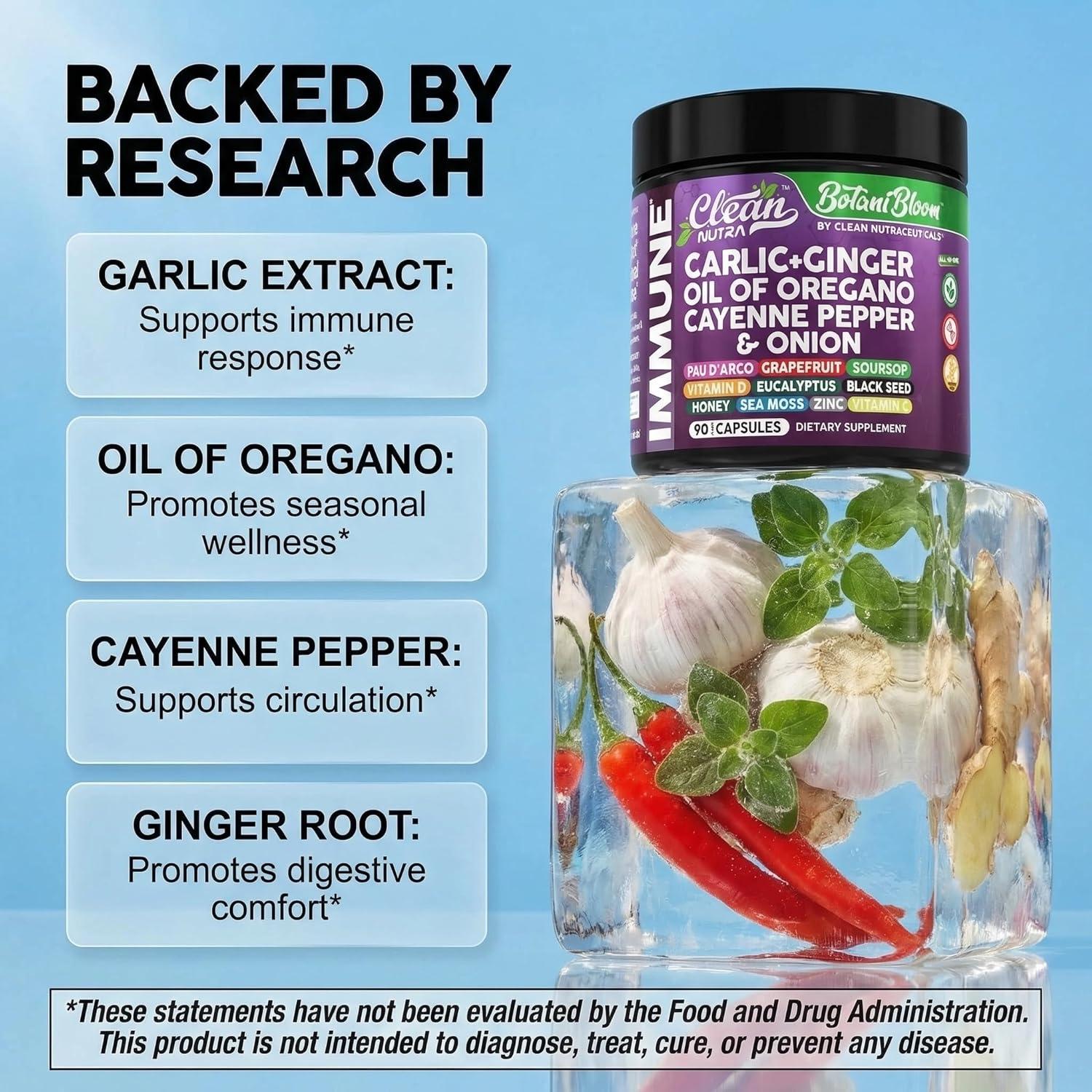 image:imageClean Nutra Garlic Ginger Oil of Oregano Cayenne Pepper Grapefruit Soursop Black Cumin Sea Moss Black Pepper Vitamin C and Zinc VIT C Detox Gut Health Black Seed Cleanse 90 Vegan Capsules