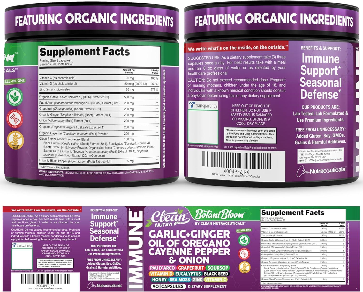 image:imageClean Nutra Garlic Ginger Oil of Oregano Cayenne Pepper Grapefruit Soursop Black Cumin Sea Moss Black Pepper Vitamin C and Zinc VIT C Detox Gut Health Black Seed Cleanse 90 Vegan Capsules