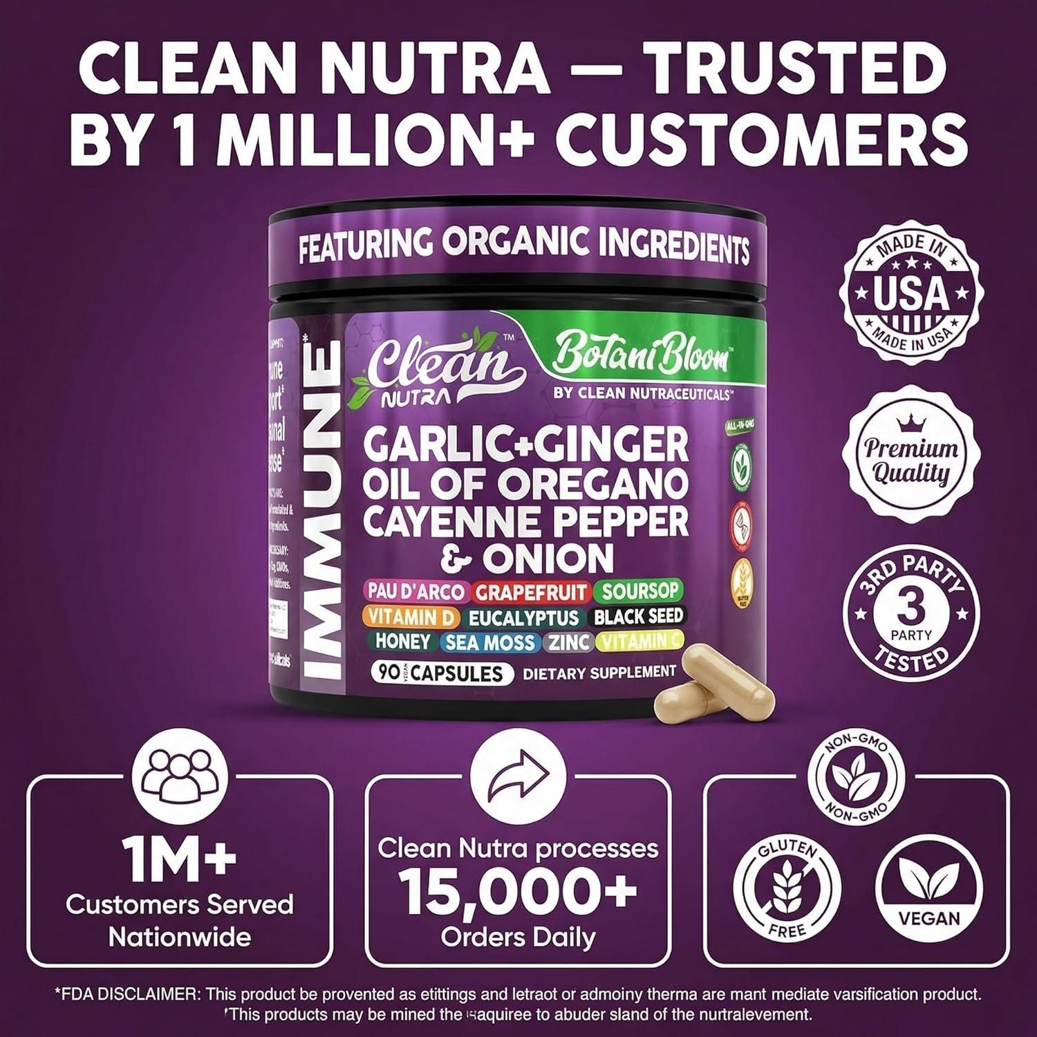 image:imageClean Nutra Garlic Ginger Oil of Oregano Cayenne Pepper Grapefruit Soursop Black Cumin Sea Moss Black Pepper Vitamin C and Zinc VIT C Detox Gut Health Black Seed Cleanse 90 Vegan Capsules