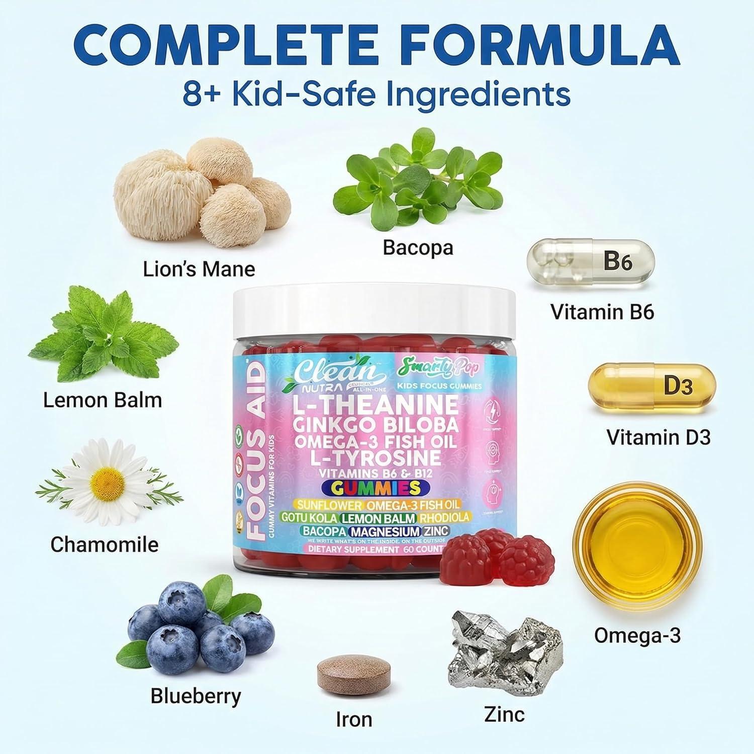 image:imageClean Nutra Kids Focus Gummies with LTheanine Ginkgo Biloba Omega3 Fish Oil LTyrosine Vitamin B6 B12 60 Count Clean Label NonGMO VeganFriendly SmartyPop Formula for Kids Support