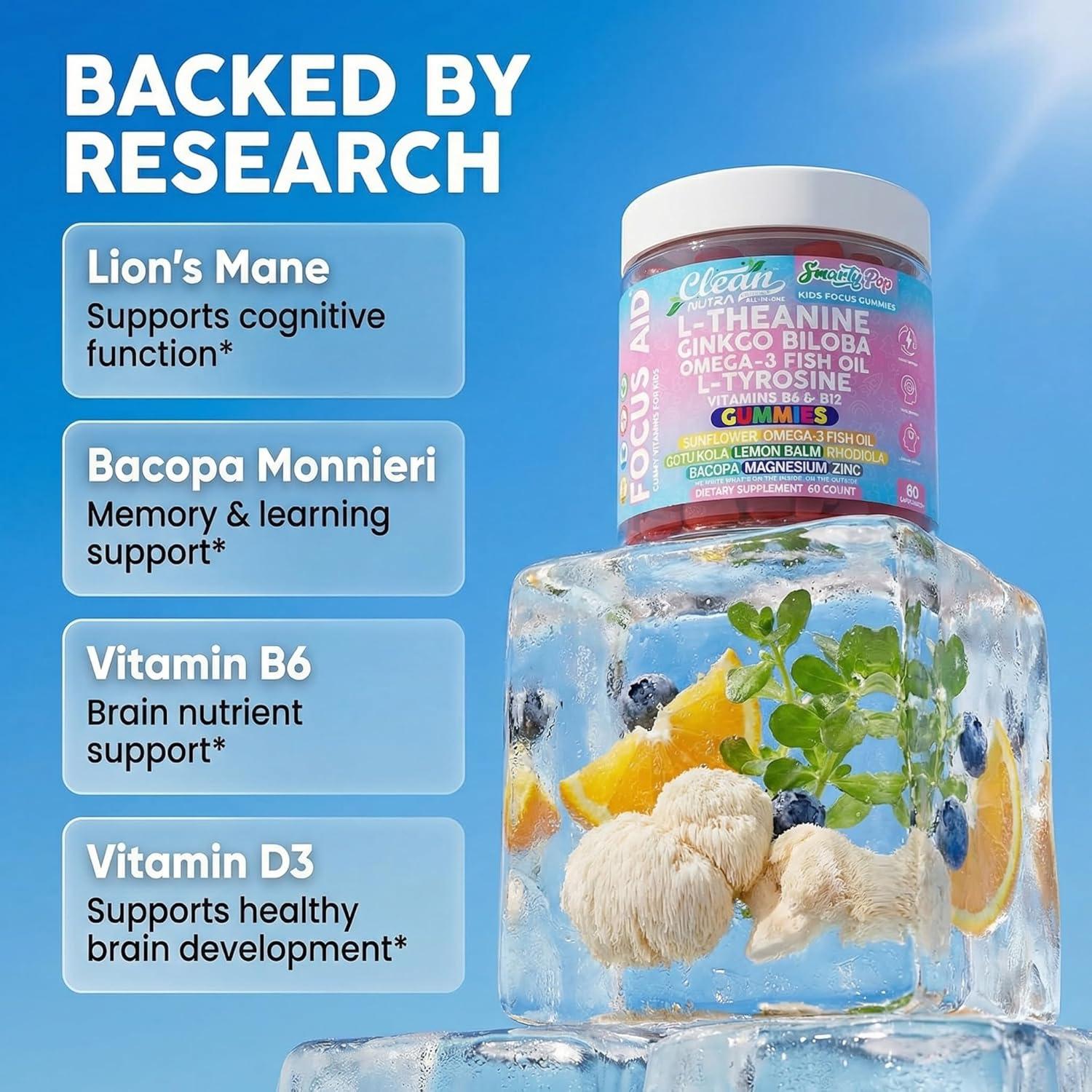 image:imageClean Nutra Kids Focus Gummies with LTheanine Ginkgo Biloba Omega3 Fish Oil LTyrosine Vitamin B6 B12 60 Count Clean Label NonGMO VeganFriendly SmartyPop Formula for Kids Support