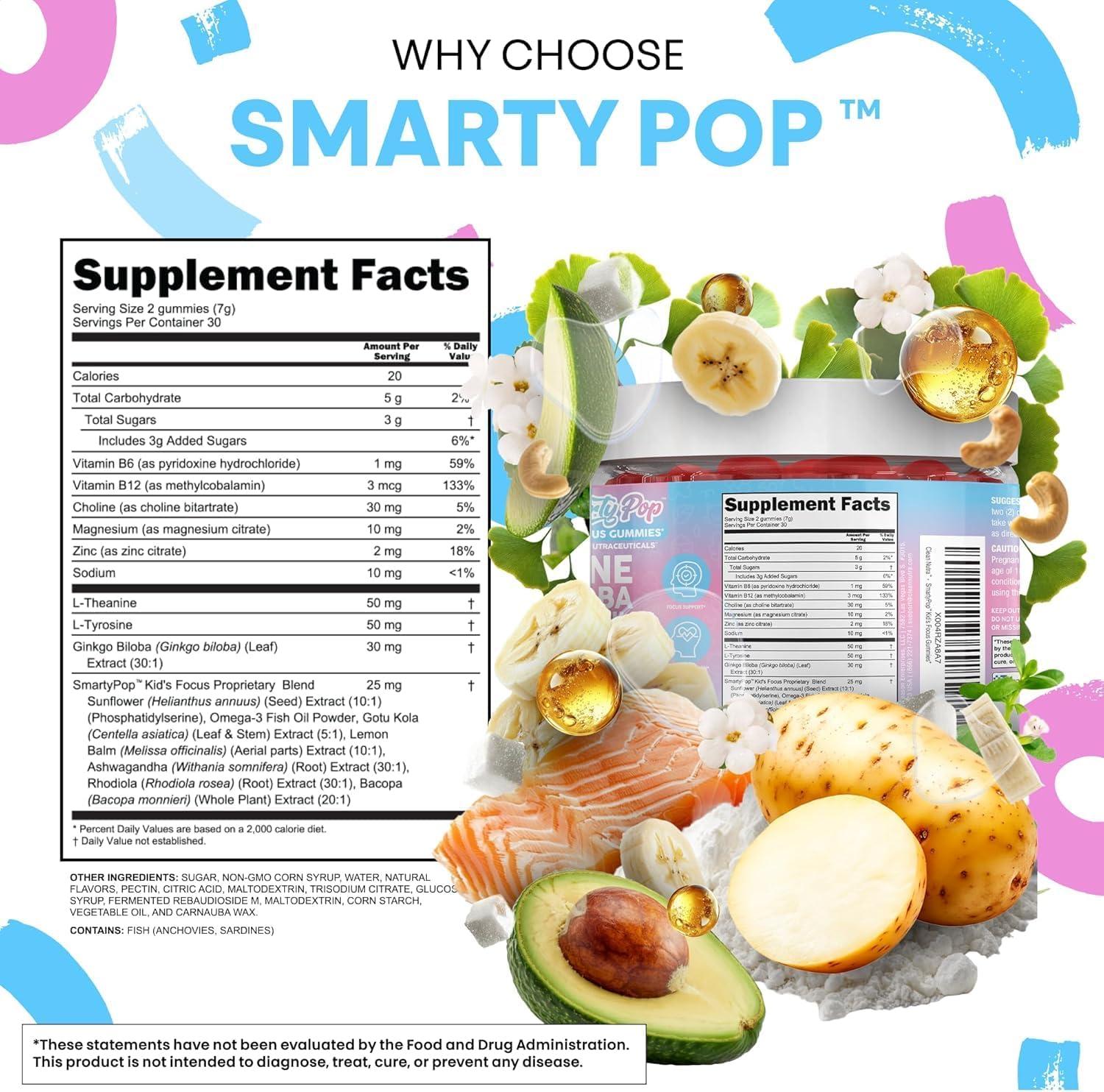 image:imageClean Nutra Kids Focus Gummies with LTheanine Ginkgo Biloba Omega3 Fish Oil LTyrosine Vitamin B6 B12 60 Count Clean Label NonGMO VeganFriendly SmartyPop Formula for Kids Support