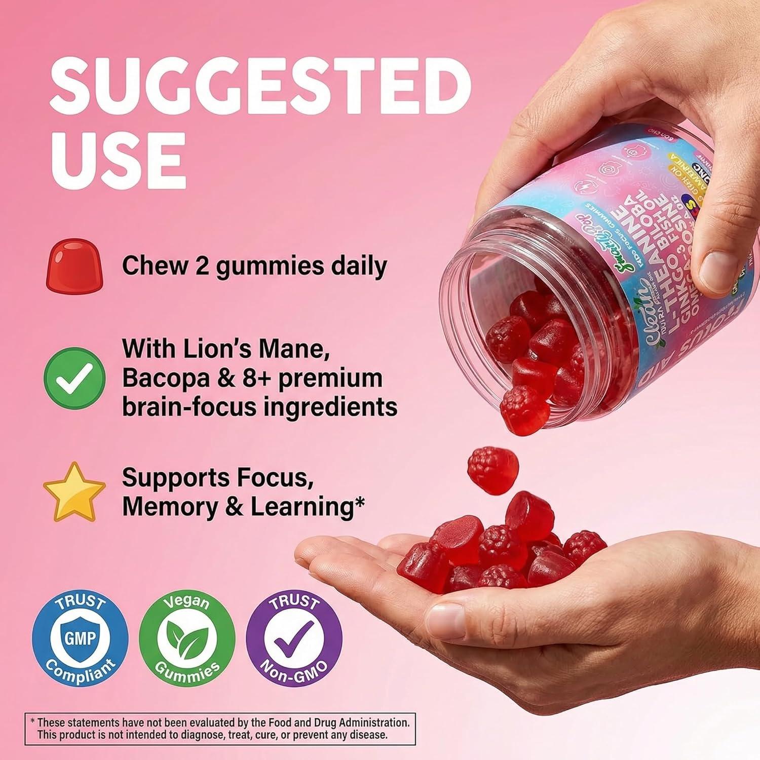 image:imageClean Nutra Kids Focus Gummies with LTheanine Ginkgo Biloba Omega3 Fish Oil LTyrosine Vitamin B6 B12 60 Count Clean Label NonGMO VeganFriendly SmartyPop Formula for Kids Support