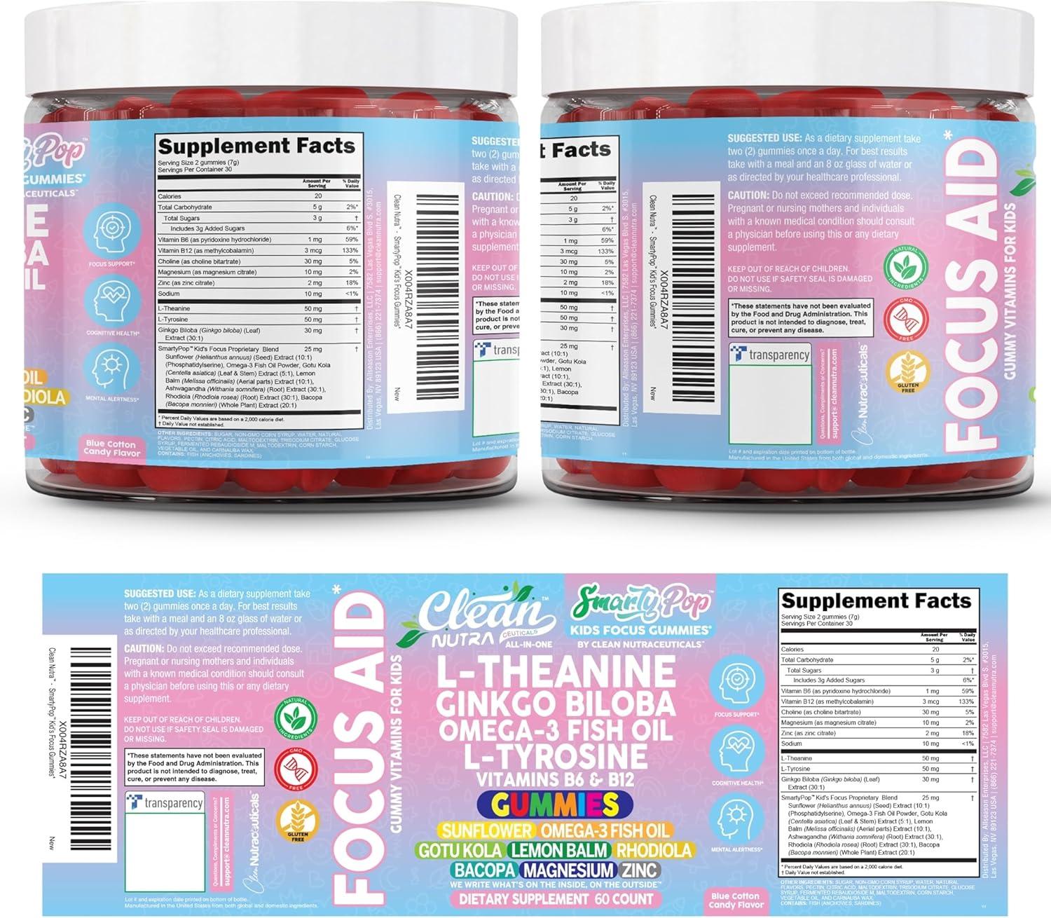 image:imageClean Nutra Kids Focus Gummies with LTheanine Ginkgo Biloba Omega3 Fish Oil LTyrosine Vitamin B6 B12 60 Count Clean Label NonGMO VeganFriendly SmartyPop Formula for Kids Support