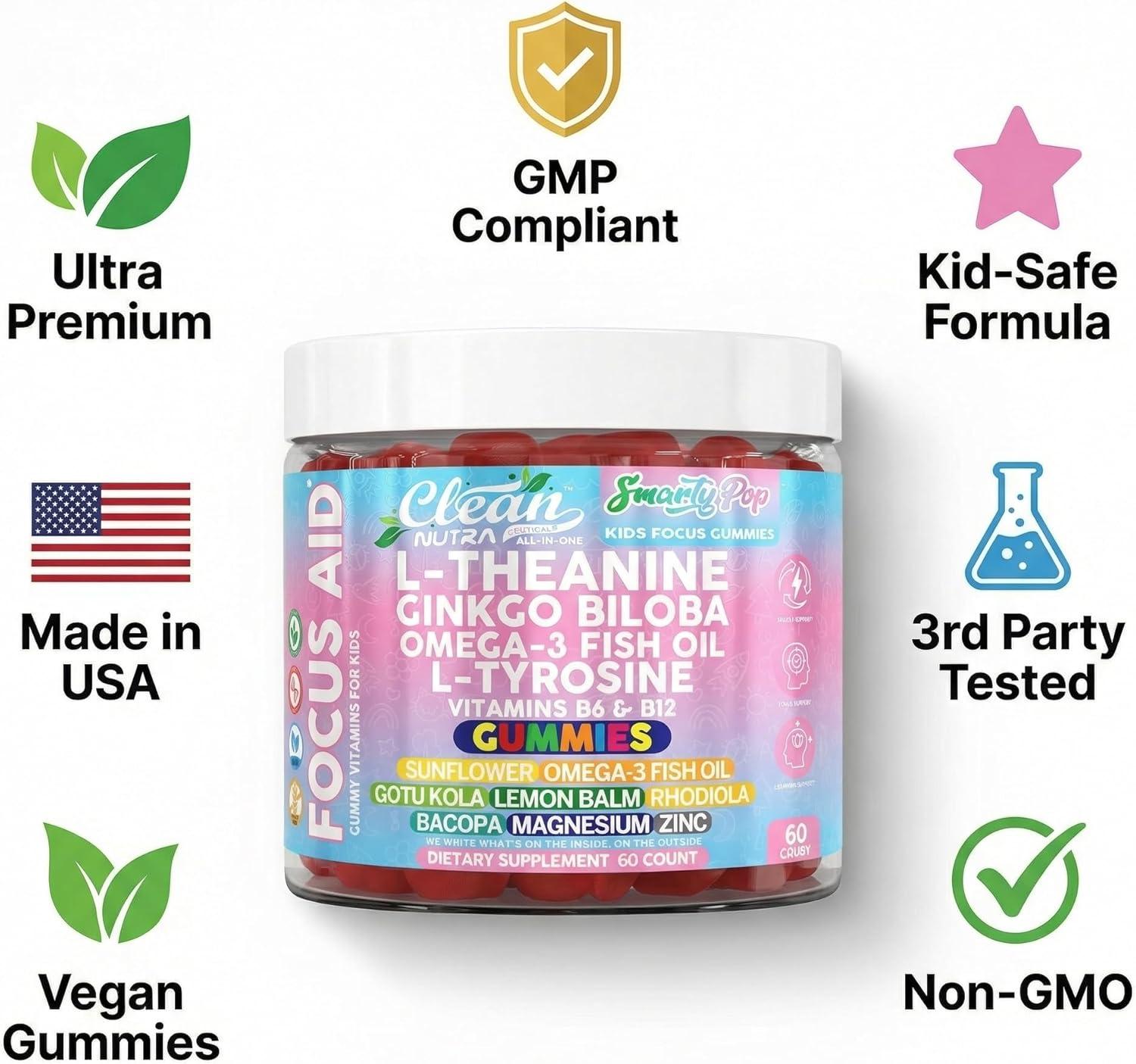 image:imageClean Nutra Kids Focus Gummies with LTheanine Ginkgo Biloba Omega3 Fish Oil LTyrosine Vitamin B6 B12 60 Count Clean Label NonGMO VeganFriendly SmartyPop Formula for Kids Support