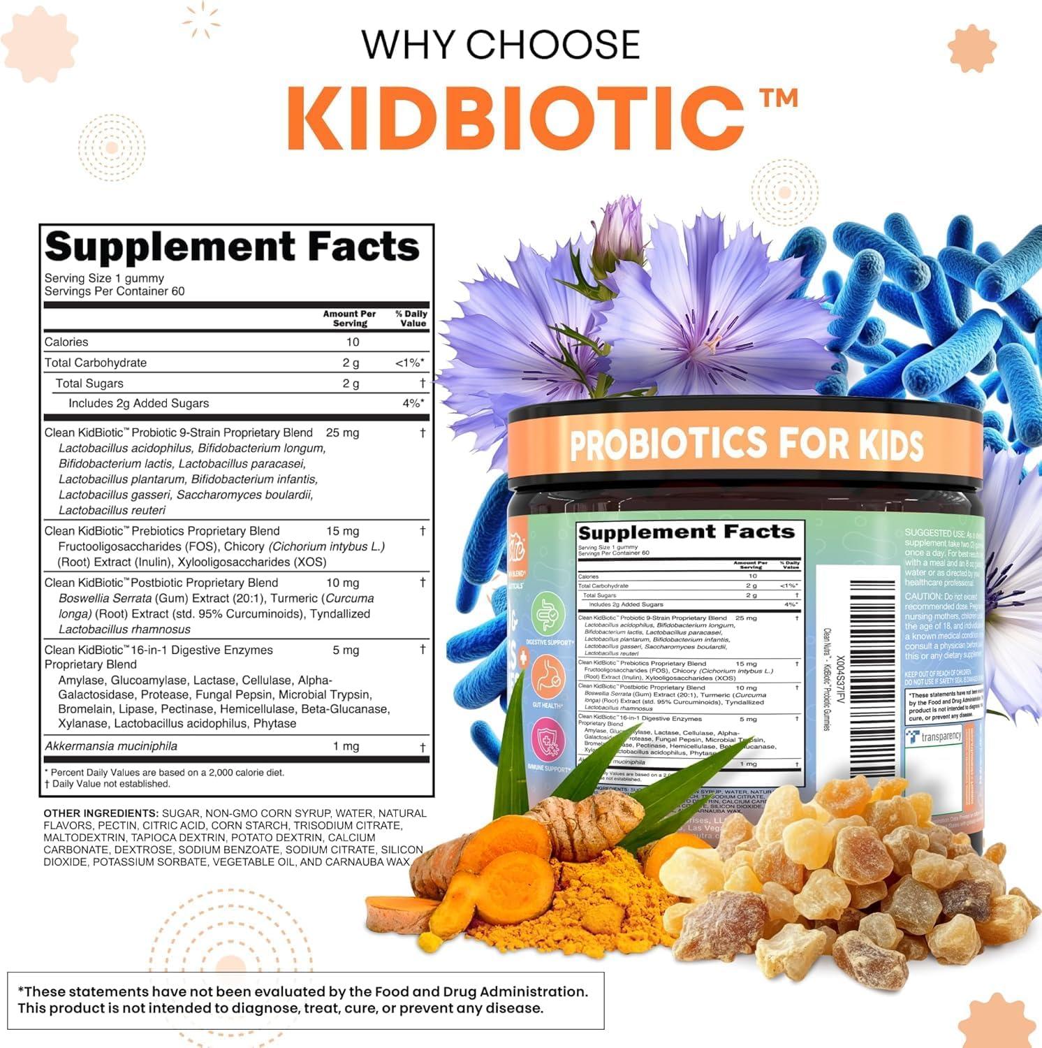 image:imageClean Nutra Kids Probiotics Gummies with Prebiotics Postbiotics Digestive Enzymes Akkermansia Boswellia Serrata Turmeric Chicory 60 Count PlantBased Supplement for Kids PeachPop Flavor