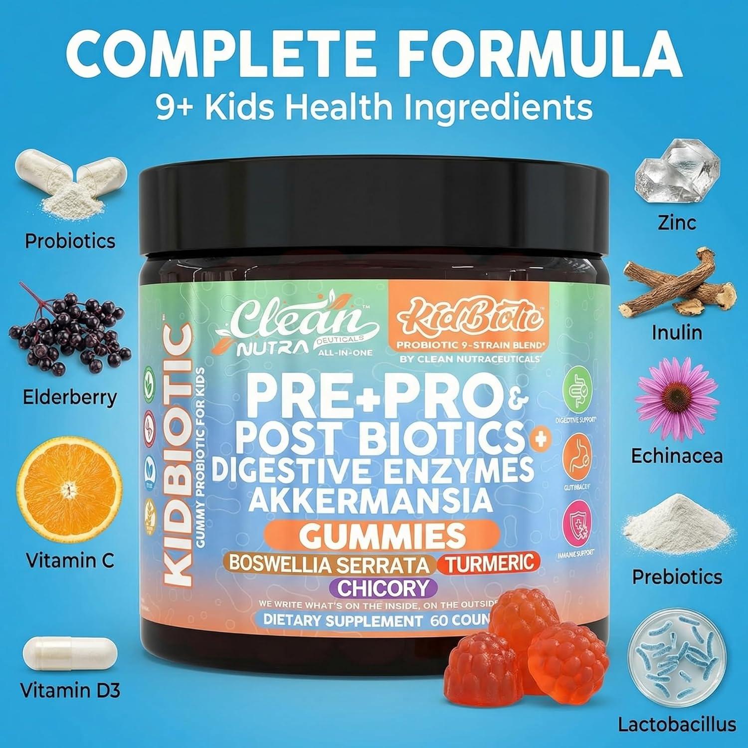 image:imageClean Nutra Kids Probiotics Gummies with Prebiotics Postbiotics Digestive Enzymes Akkermansia Boswellia Serrata Turmeric Chicory 60 Count PlantBased Supplement for Kids PeachPop Flavor