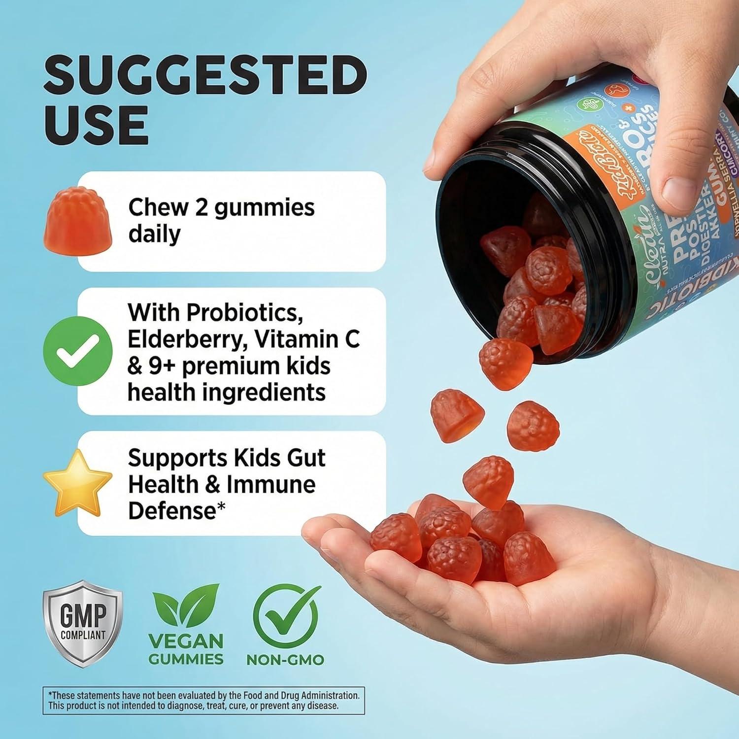 image:imageClean Nutra Kids Probiotics Gummies with Prebiotics Postbiotics Digestive Enzymes Akkermansia Boswellia Serrata Turmeric Chicory 60 Count PlantBased Supplement for Kids PeachPop Flavor
