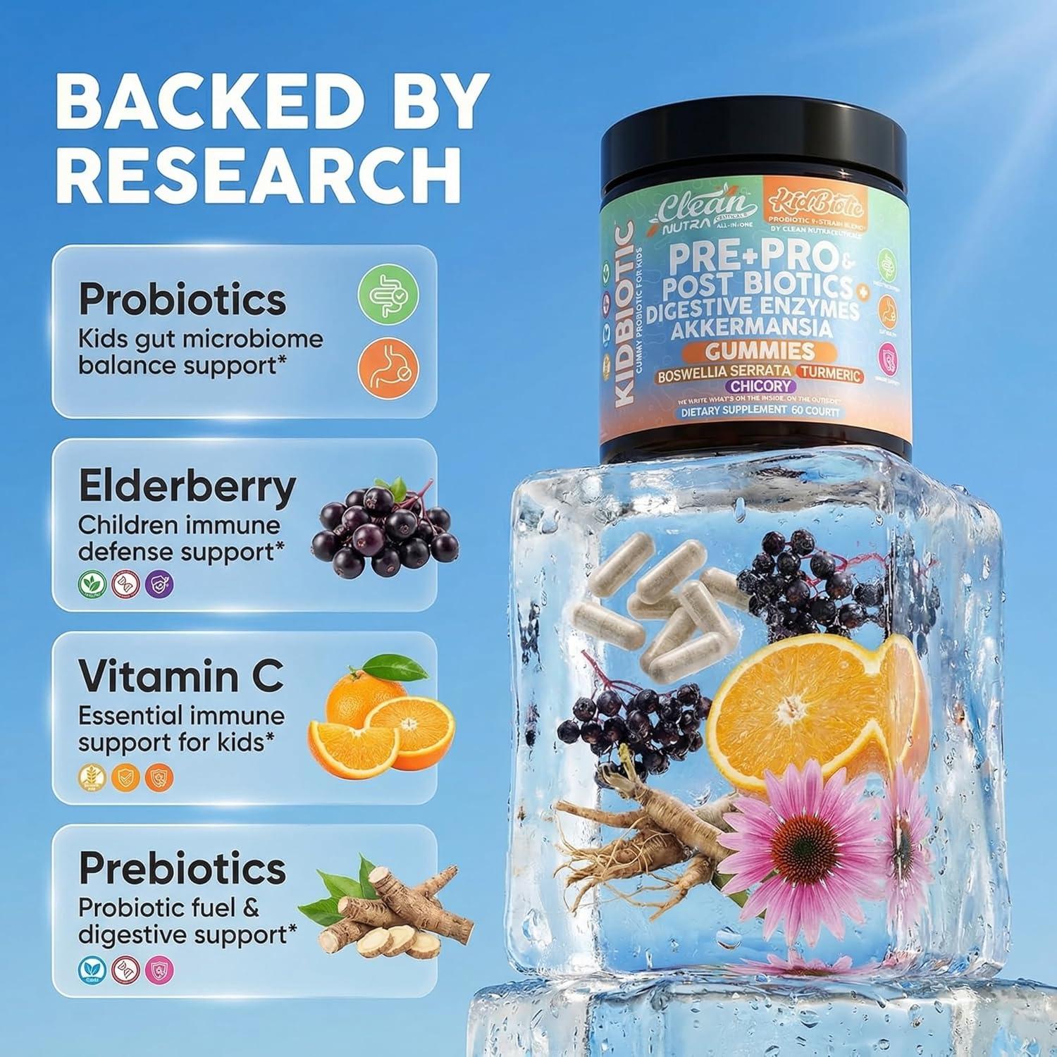 image:imageClean Nutra Kids Probiotics Gummies with Prebiotics Postbiotics Digestive Enzymes Akkermansia Boswellia Serrata Turmeric Chicory 60 Count PlantBased Supplement for Kids PeachPop Flavor