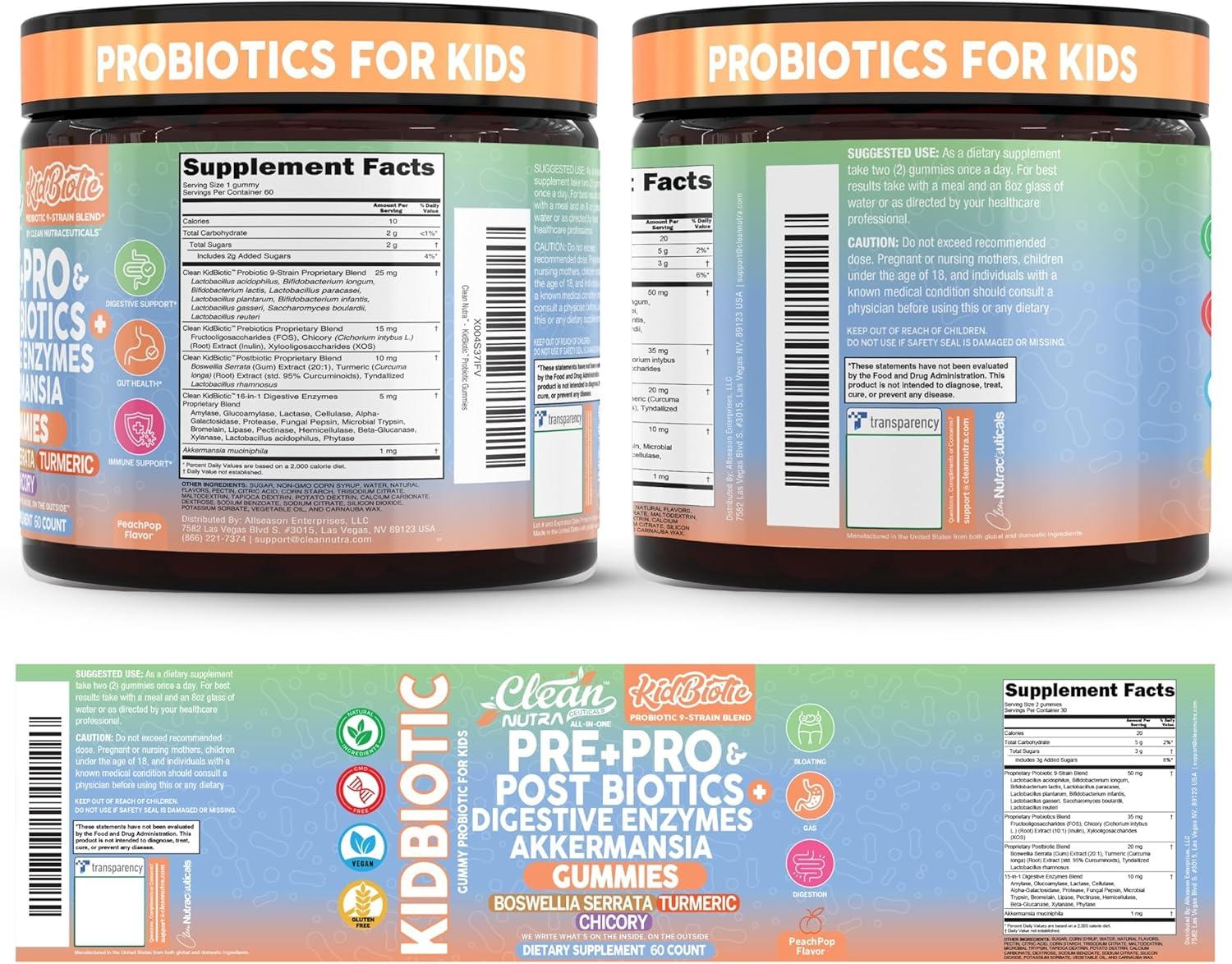 image:imageClean Nutra Kids Probiotics Gummies with Prebiotics Postbiotics Digestive Enzymes Akkermansia Boswellia Serrata Turmeric Chicory 60 Count PlantBased Supplement for Kids PeachPop Flavor