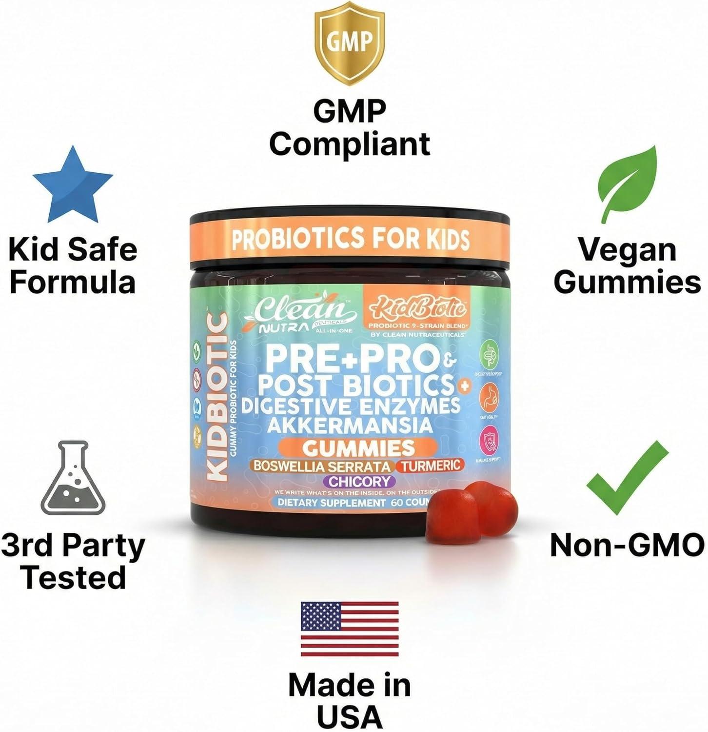 image:imageClean Nutra Kids Probiotics Gummies with Prebiotics Postbiotics Digestive Enzymes Akkermansia Boswellia Serrata Turmeric Chicory 60 Count PlantBased Supplement for Kids PeachPop Flavor