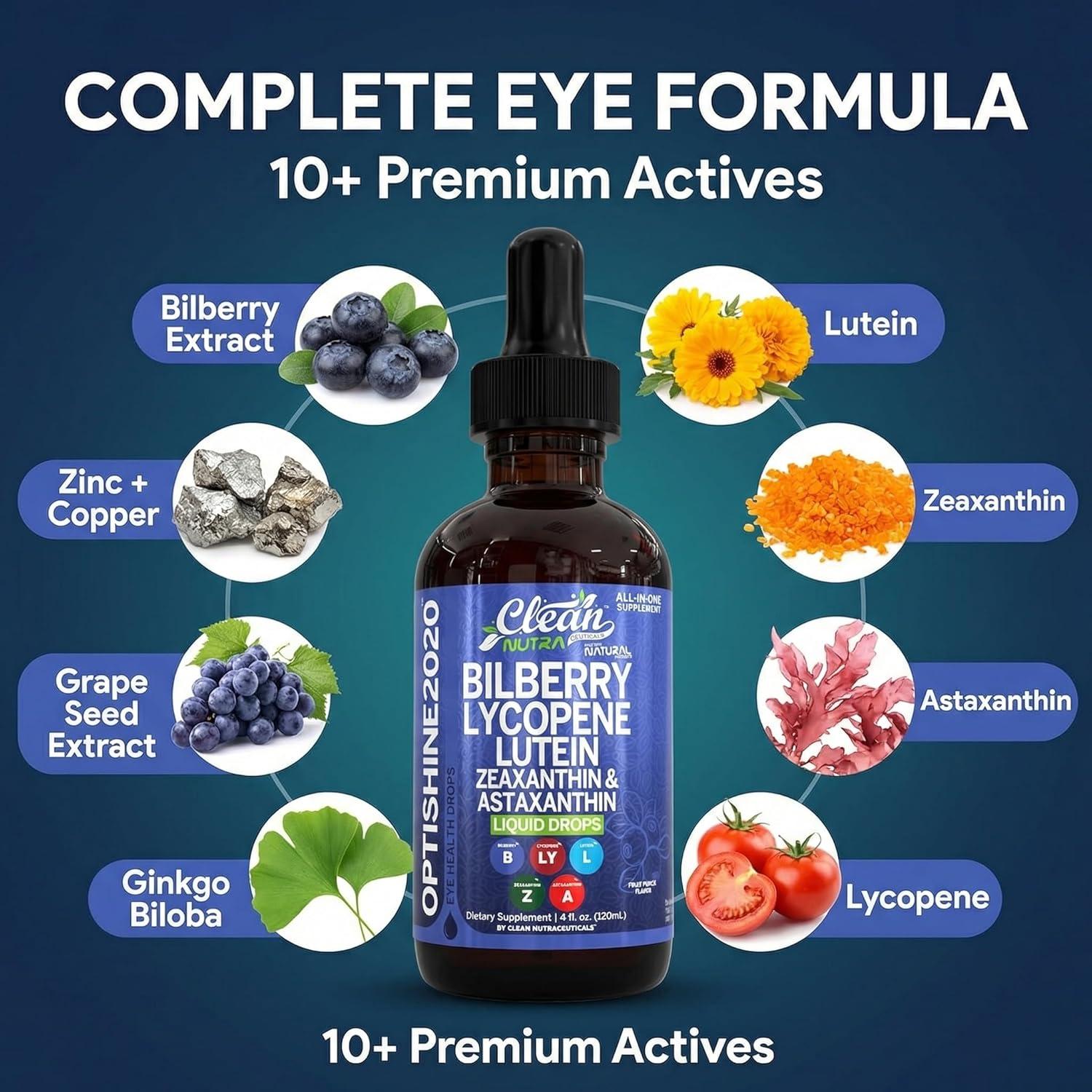 image:imageClean Nutra Lutein and Zeaxanthin Eye Vitamins Supplement Lycopene Astaxanthin Bilberry Liquid Drops Organic Astaxanthin Daily Lutein for Eyes Health Support Vitamin Minerals Extract 60 Servings
