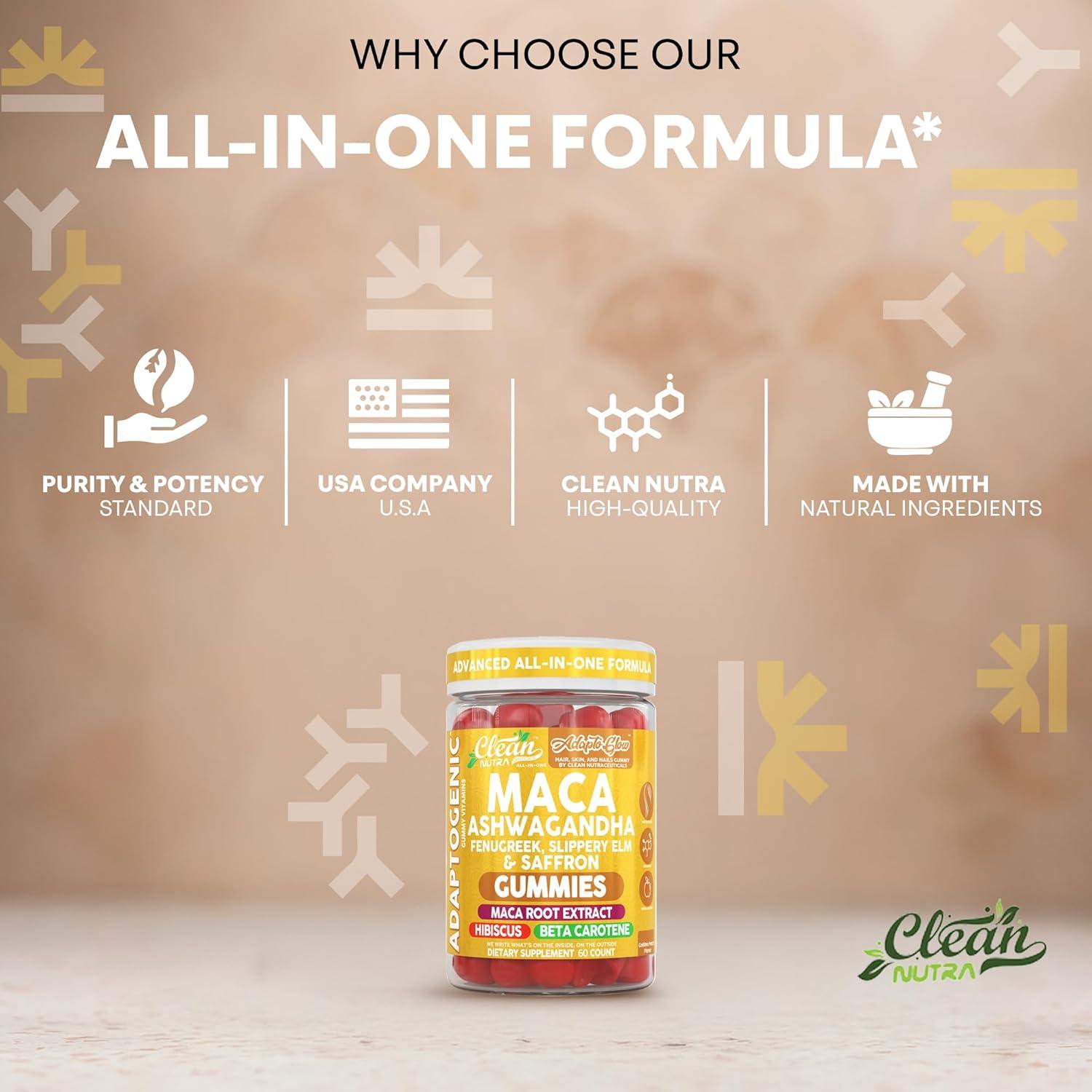 image:imageClean Nutra Maca Root Gummies Ashwagandha Fenugreek Slippery Elm Saffron Hibiscus Beta Carotene Vitamin A for Women Macaroot Extract 60 Gummies Vegan Adaptogen Supplement Gummy Non GMO
