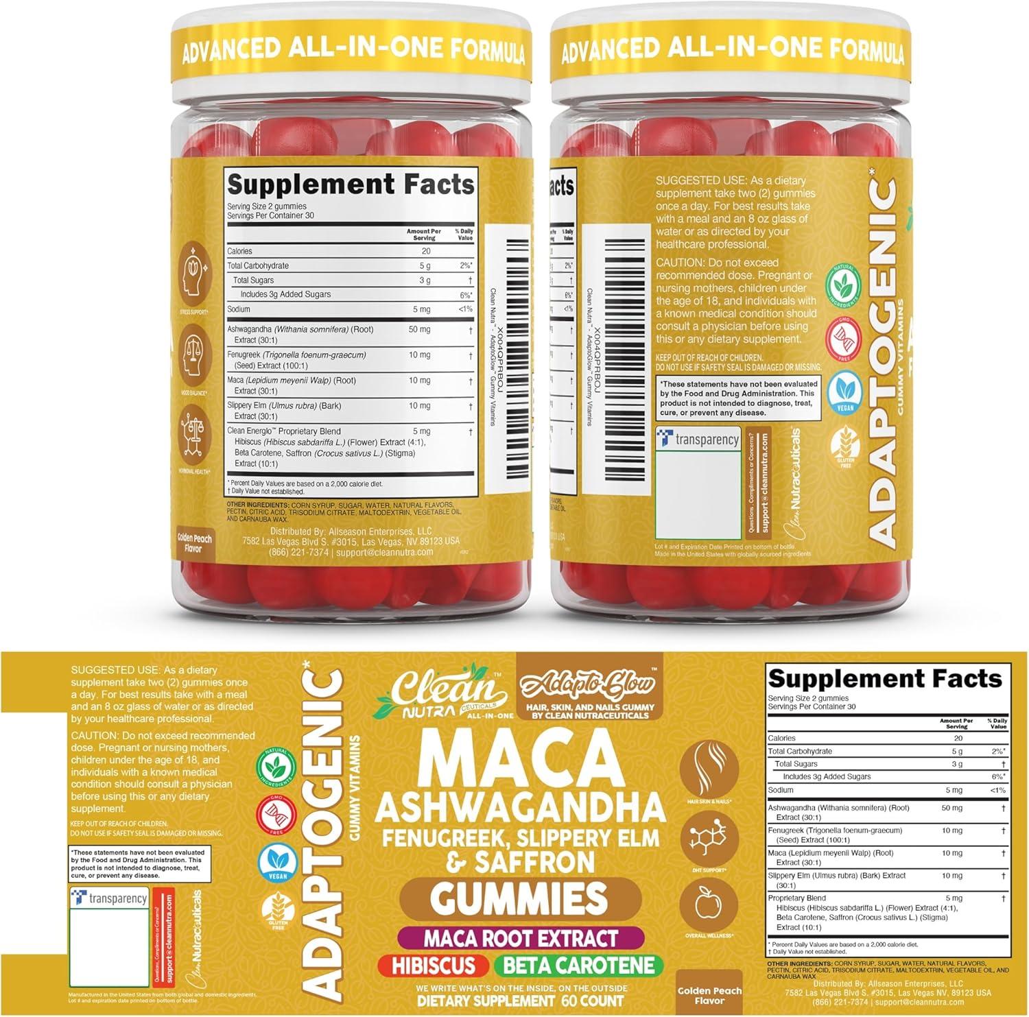 image:imageClean Nutra Maca Root Gummies Ashwagandha Fenugreek Slippery Elm Saffron Hibiscus Beta Carotene Vitamin A for Women Macaroot Extract 60 Gummies Vegan Adaptogen Supplement Gummy Non GMO