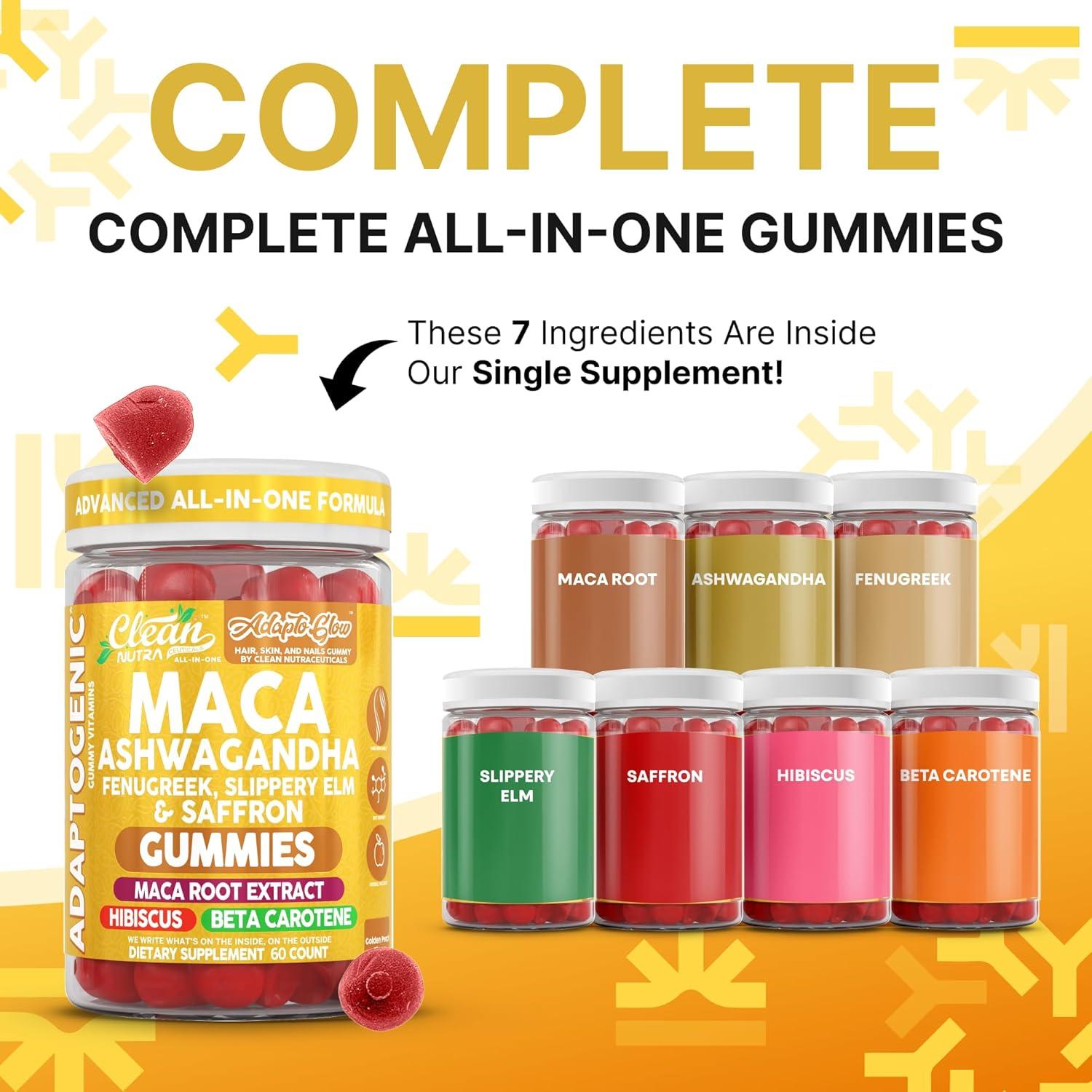 image:imageClean Nutra Maca Root Gummies Ashwagandha Fenugreek Slippery Elm Saffron Hibiscus Beta Carotene Vitamin A for Women Macaroot Extract 60 Gummies Vegan Adaptogen Supplement Gummy Non GMO