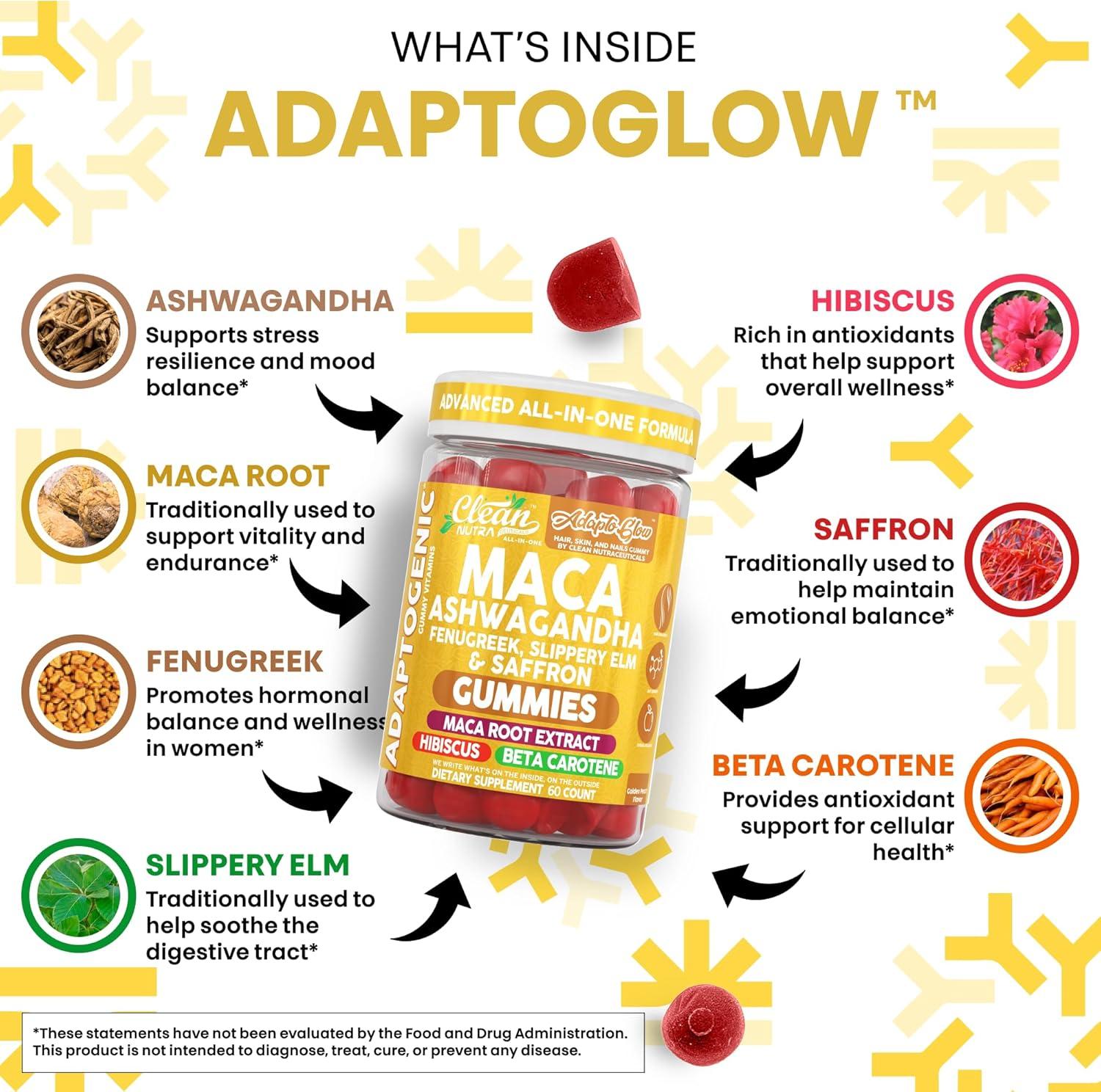 image:imageClean Nutra Maca Root Gummies Ashwagandha Fenugreek Slippery Elm Saffron Hibiscus Beta Carotene Vitamin A for Women Macaroot Extract 60 Gummies Vegan Adaptogen Supplement Gummy Non GMO