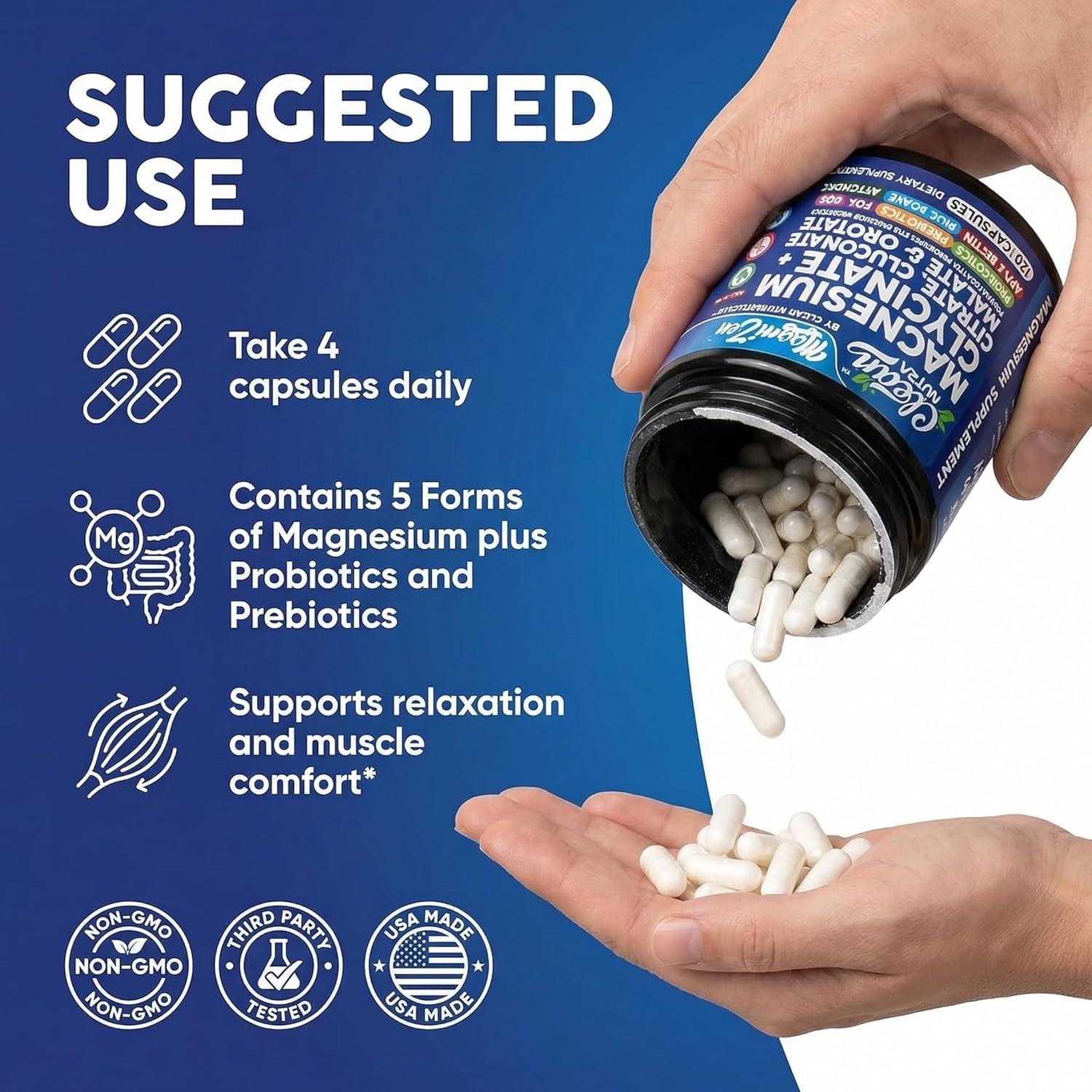 image:imageClean Nutra Magnesium Glycinate Citrate Malate Orotate Taurate Supplement Complex 10 Strain Probiotic Prebiotics FOS GOS Inulin Sleep Calm Support Apple Pectin 120 Vegan Capsules