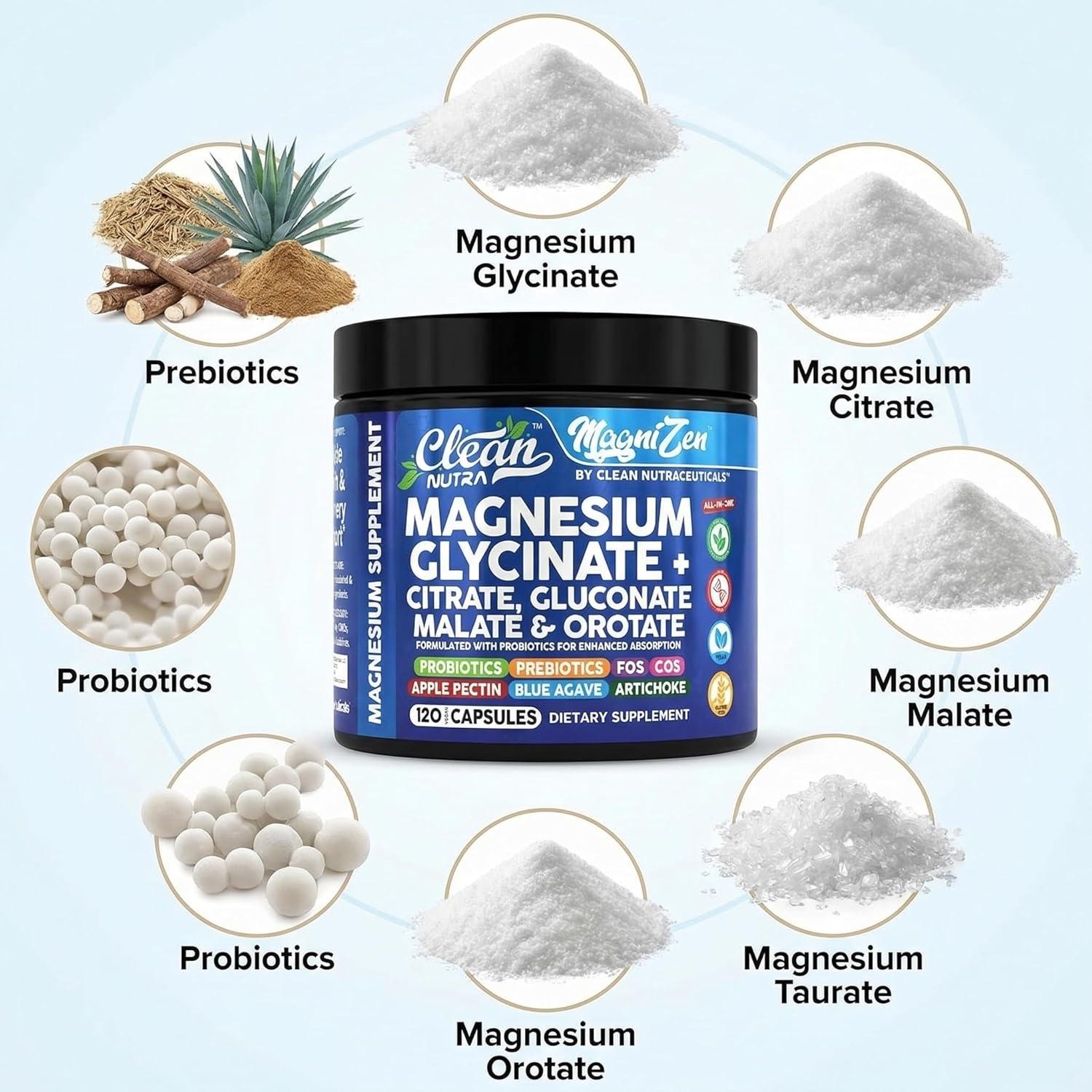 image:imageClean Nutra Magnesium Glycinate Citrate Malate Orotate Taurate Supplement Complex 10 Strain Probiotic Prebiotics FOS GOS Inulin Sleep Calm Support Apple Pectin 120 Vegan Capsules