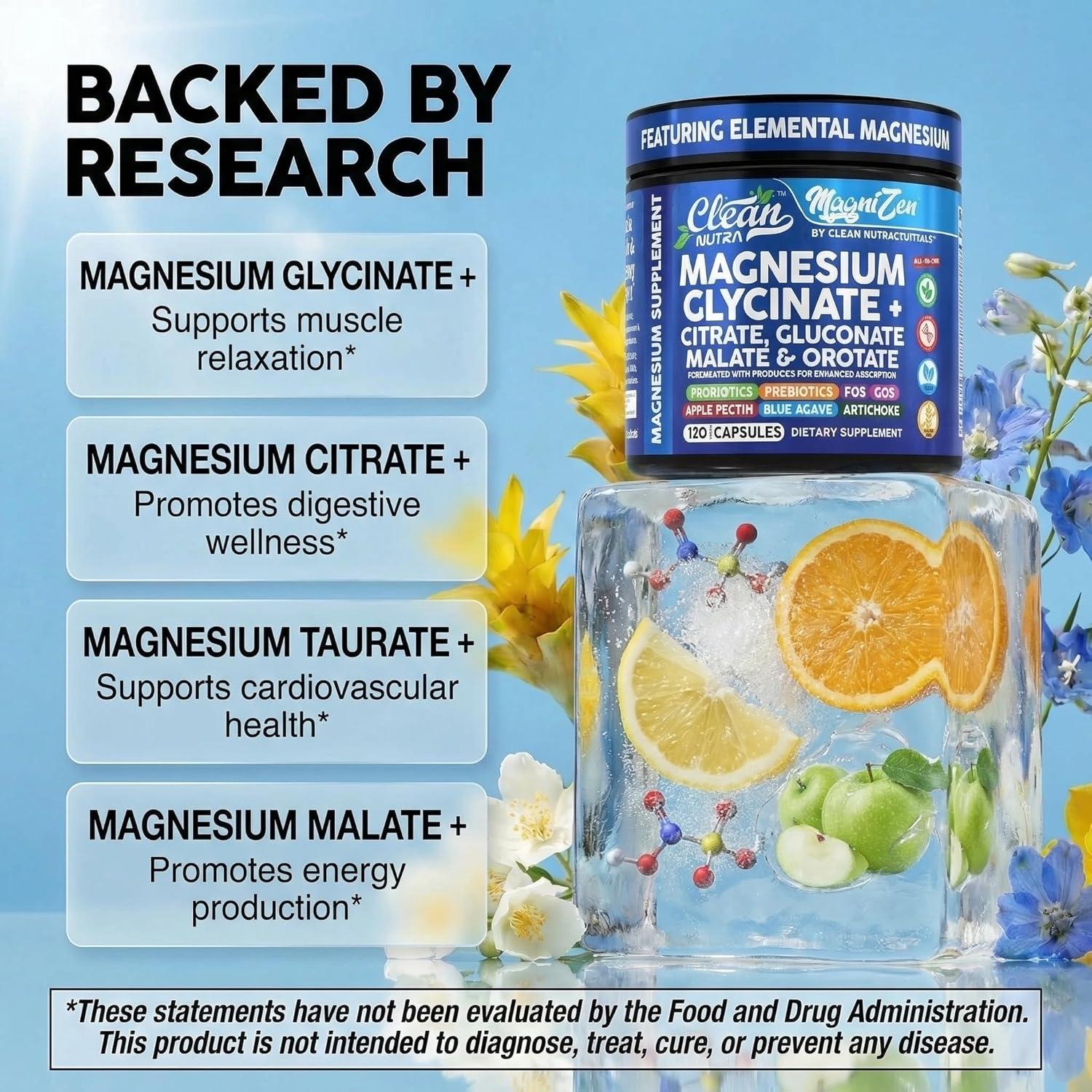 image:imageClean Nutra Magnesium Glycinate Citrate Malate Orotate Taurate Supplement Complex 10 Strain Probiotic Prebiotics FOS GOS Inulin Sleep Calm Support Apple Pectin 120 Vegan Capsules