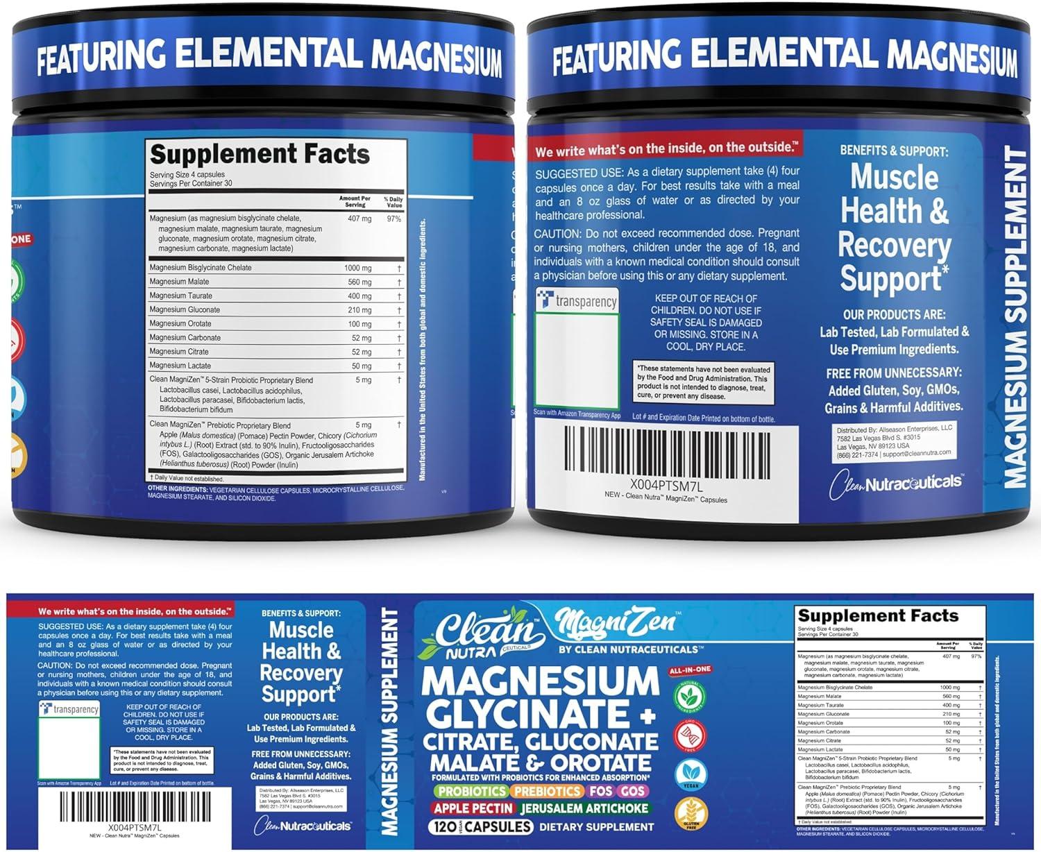 image:imageClean Nutra Magnesium Glycinate Citrate Malate Orotate Taurate Supplement Complex 10 Strain Probiotic Prebiotics FOS GOS Inulin Sleep Calm Support Apple Pectin 120 Vegan Capsules