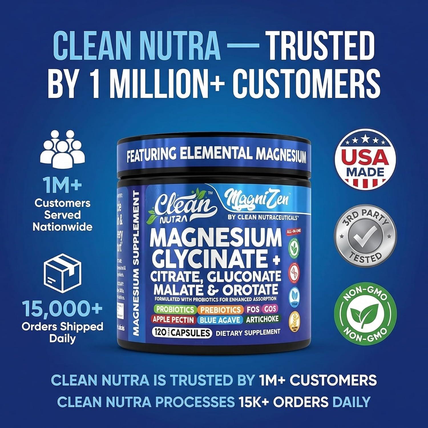 image:imageClean Nutra Magnesium Glycinate Citrate Malate Orotate Taurate Supplement Complex 10 Strain Probiotic Prebiotics FOS GOS Inulin Sleep Calm Support Apple Pectin 120 Vegan Capsules