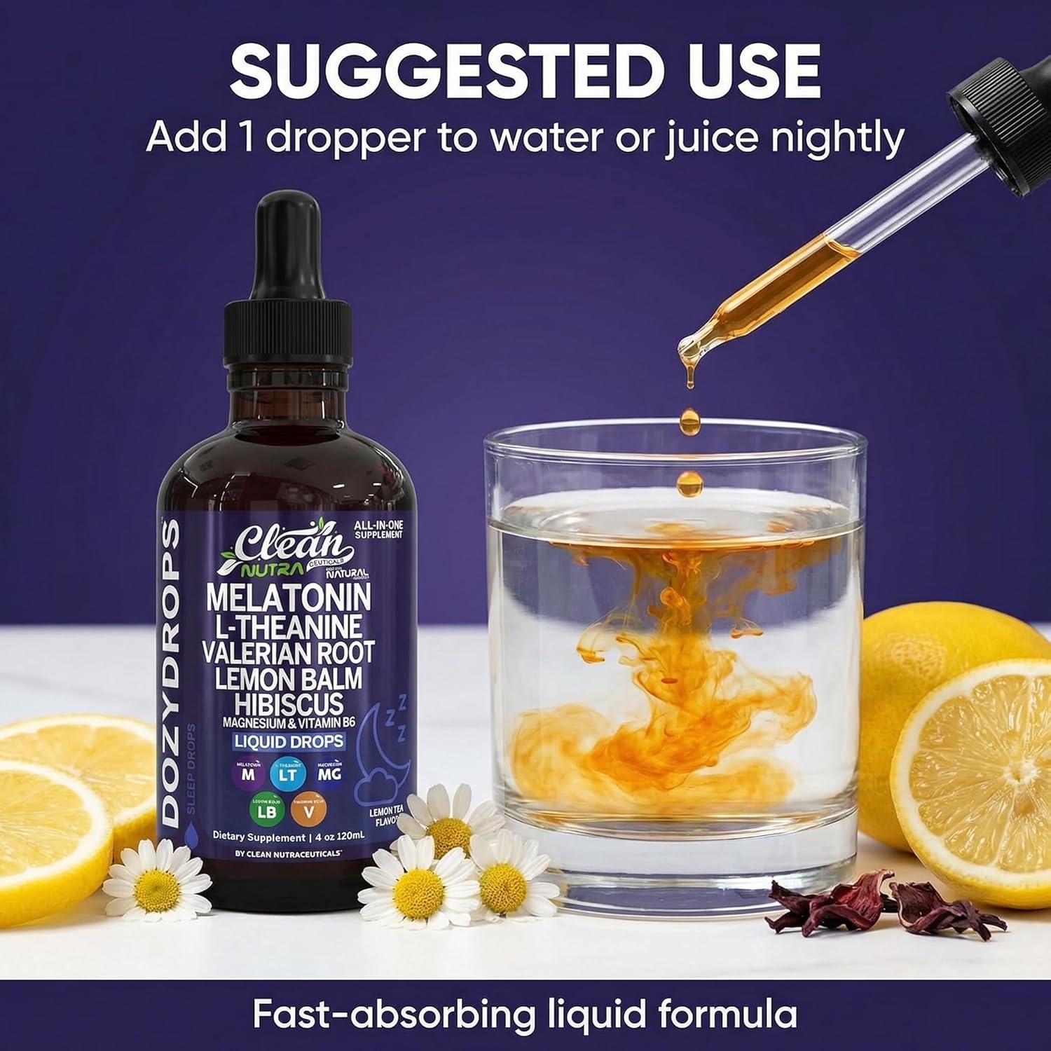 image:imageClean Nutra Melatonin 10mg Drops Magnesium Vitamin B6 LTheanine Valerian Hibiscus Lemon Balm Supplement Liquid SugarFree Vegan NonGMO Natural Sleep Support Aid Lemon Tea Flavor 120mL Formula