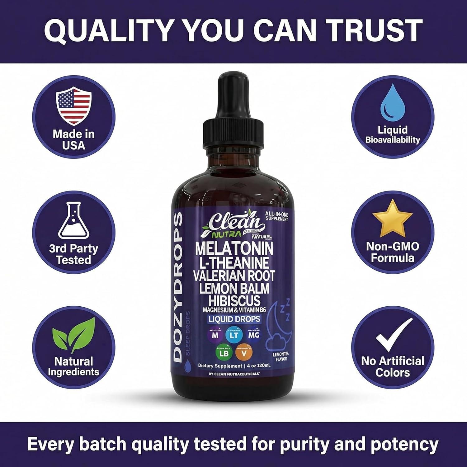 image:imageClean Nutra Melatonin 10mg Drops Magnesium Vitamin B6 LTheanine Valerian Hibiscus Lemon Balm Supplement Liquid SugarFree Vegan NonGMO Natural Sleep Support Aid Lemon Tea Flavor 120mL Formula