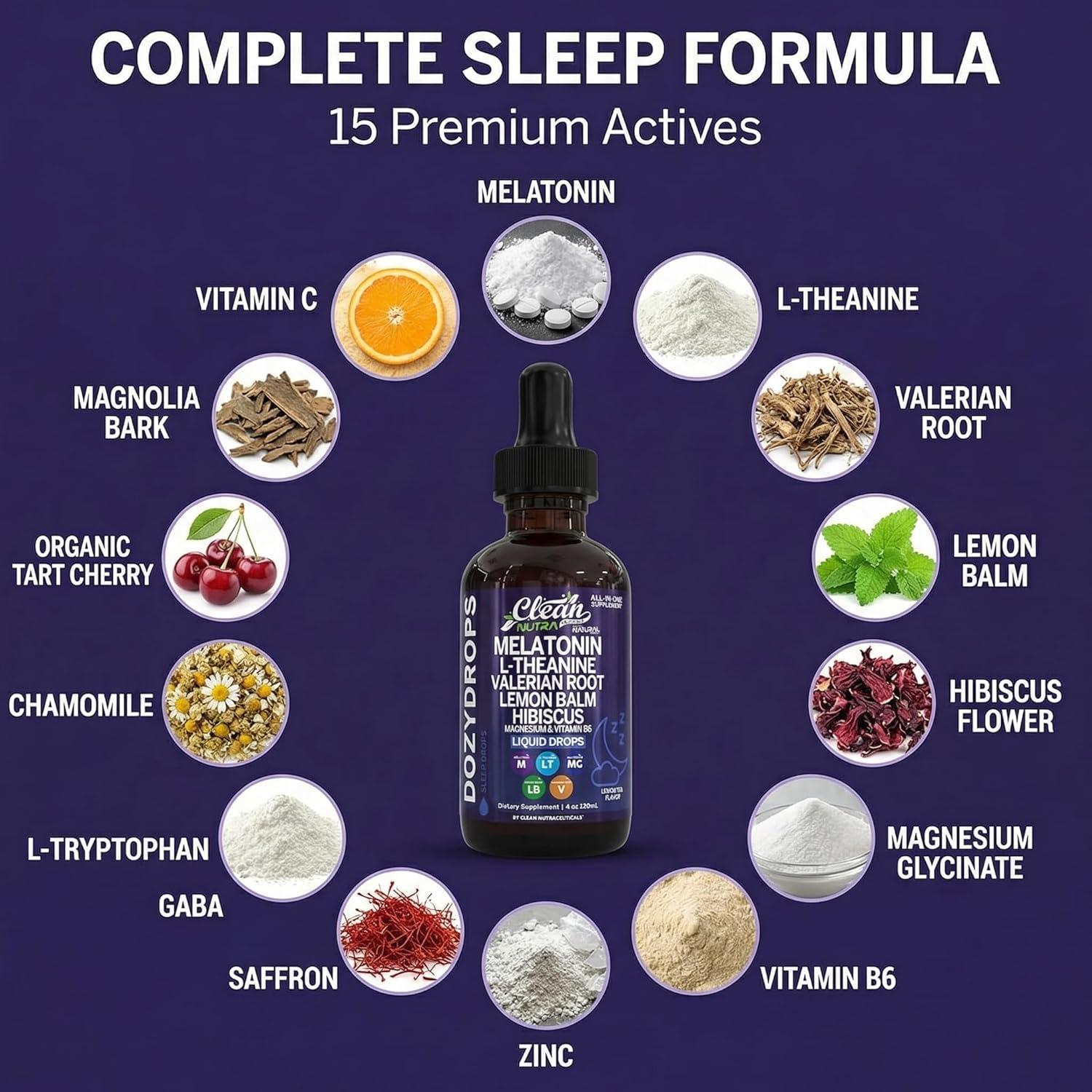 image:imageClean Nutra Melatonin 10mg Drops Magnesium Vitamin B6 LTheanine Valerian Hibiscus Lemon Balm Supplement Liquid SugarFree Vegan NonGMO Natural Sleep Support Aid Lemon Tea Flavor 120mL Formula