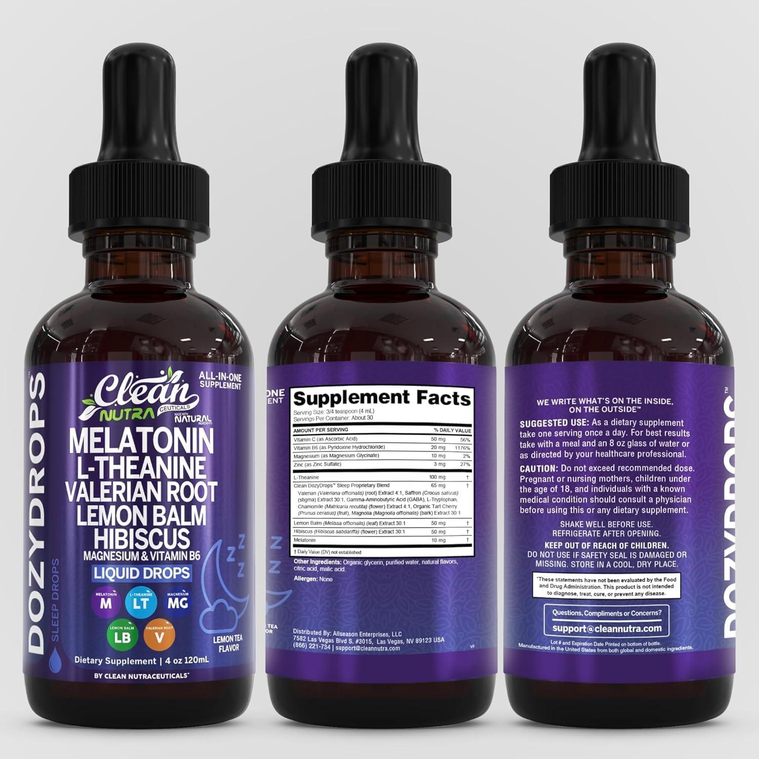 image:imageClean Nutra Melatonin 10mg Drops Magnesium Vitamin B6 LTheanine Valerian Hibiscus Lemon Balm Supplement Liquid SugarFree Vegan NonGMO Natural Sleep Support Aid Lemon Tea Flavor 120mL Formula