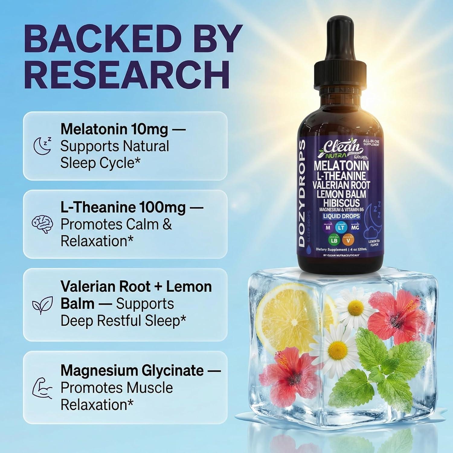 image:imageClean Nutra Melatonin 10mg Drops Magnesium Vitamin B6 LTheanine Valerian Hibiscus Lemon Balm Supplement Liquid SugarFree Vegan NonGMO Natural Sleep Support Aid Lemon Tea Flavor 120mL Formula