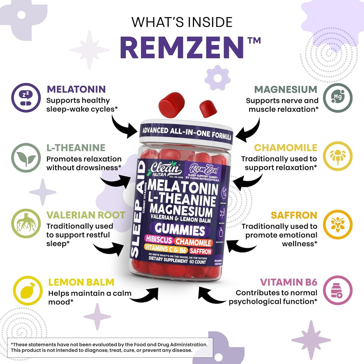 image:imageClean Nutra Melatonin Gummies L Theanine Magnesium Valerian Root Lemon Balm Chamomile Vitamin C Gummy Saffron Sleep Aid Calm Vitamin B6 Stress Relief Hibiscus Relax Mood Happy Supplement Men Women