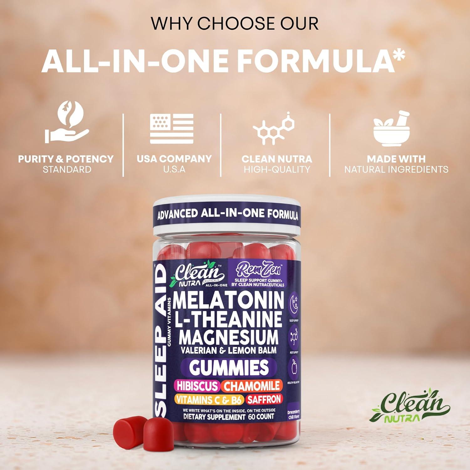 image:imageClean Nutra Melatonin Gummies L Theanine Magnesium Valerian Root Lemon Balm Chamomile Vitamin C Gummy Saffron Sleep Aid Calm Vitamin B6 Stress Relief Hibiscus Relax Mood Happy Supplement Men Women