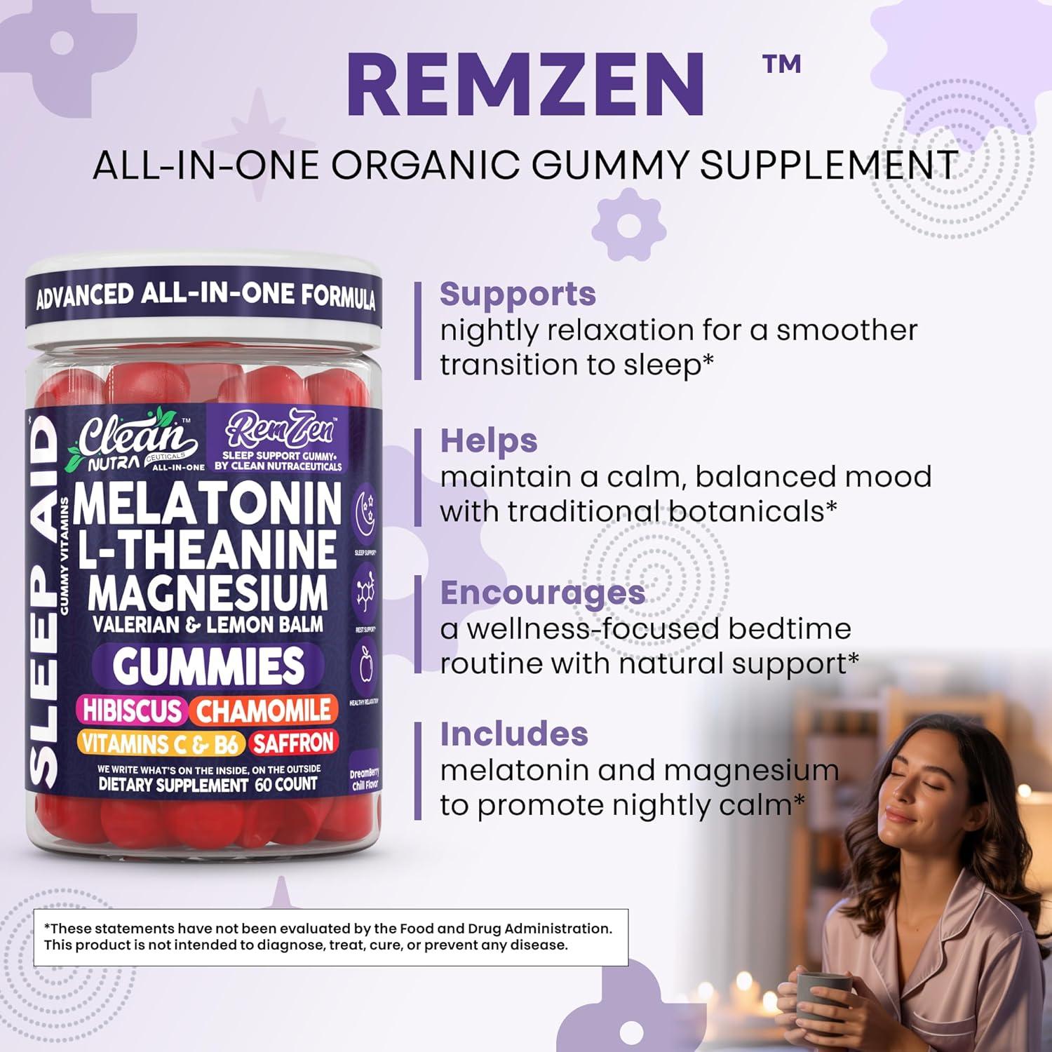 image:imageClean Nutra Melatonin Gummies L Theanine Magnesium Valerian Root Lemon Balm Chamomile Vitamin C Gummy Saffron Sleep Aid Calm Vitamin B6 Stress Relief Hibiscus Relax Mood Happy Supplement Men Women