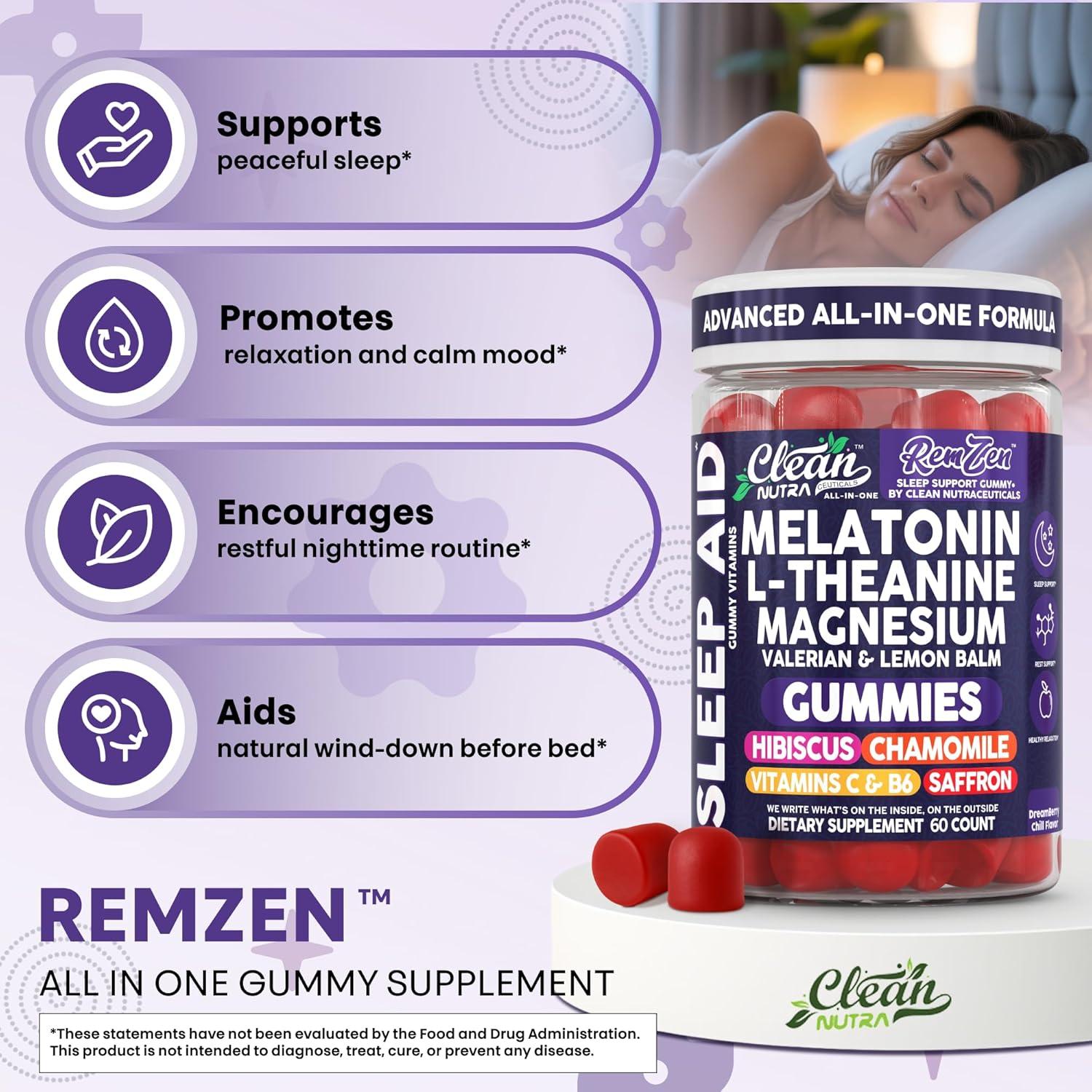image:imageClean Nutra Melatonin Gummies L Theanine Magnesium Valerian Root Lemon Balm Chamomile Vitamin C Gummy Saffron Sleep Aid Calm Vitamin B6 Stress Relief Hibiscus Relax Mood Happy Supplement Men Women