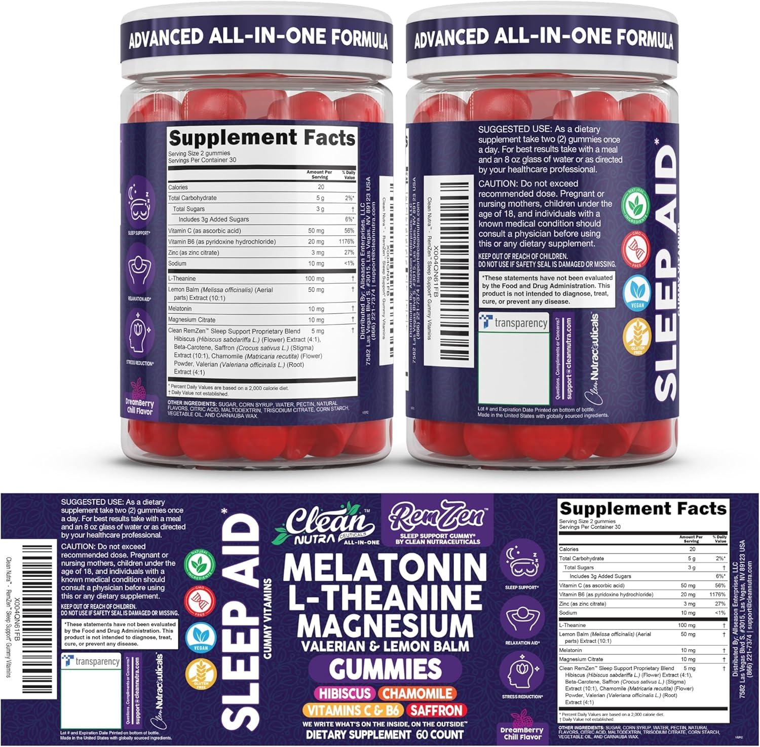 image:imageClean Nutra Melatonin Gummies L Theanine Magnesium Valerian Root Lemon Balm Chamomile Vitamin C Gummy Saffron Sleep Aid Calm Vitamin B6 Stress Relief Hibiscus Relax Mood Happy Supplement Men Women