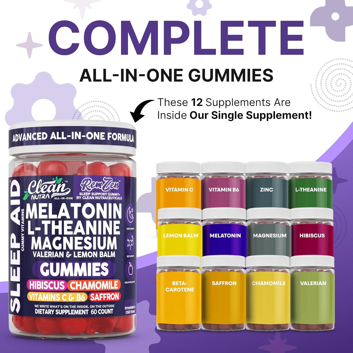 image:imageClean Nutra Melatonin Gummies L Theanine Magnesium Valerian Root Lemon Balm Chamomile Vitamin C Gummy Saffron Sleep Aid Calm Vitamin B6 Stress Relief Hibiscus Relax Mood Happy Supplement Men Women
