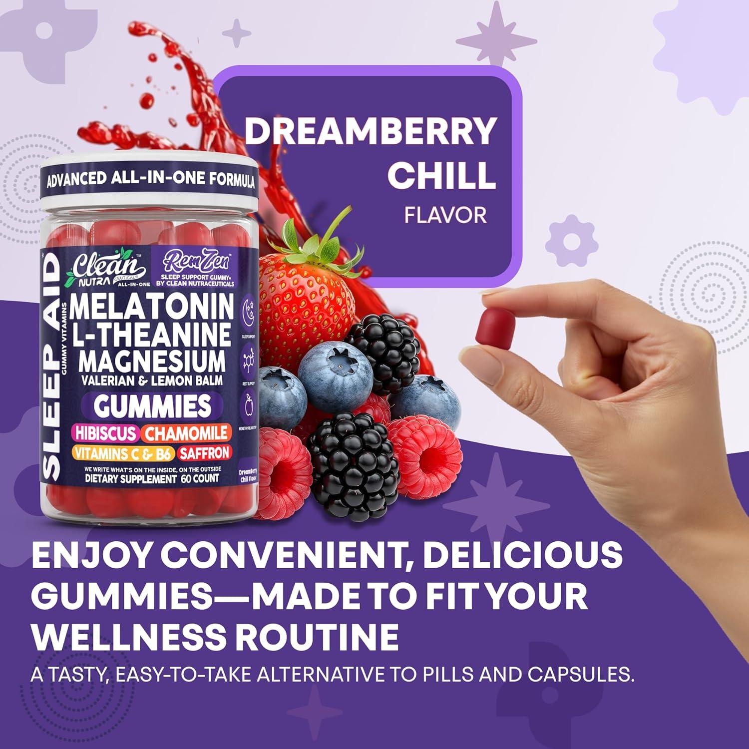 image:imageClean Nutra Melatonin Gummies L Theanine Magnesium Valerian Root Lemon Balm Chamomile Vitamin C Gummy Saffron Sleep Aid Calm Vitamin B6 Stress Relief Hibiscus Relax Mood Happy Supplement Men Women