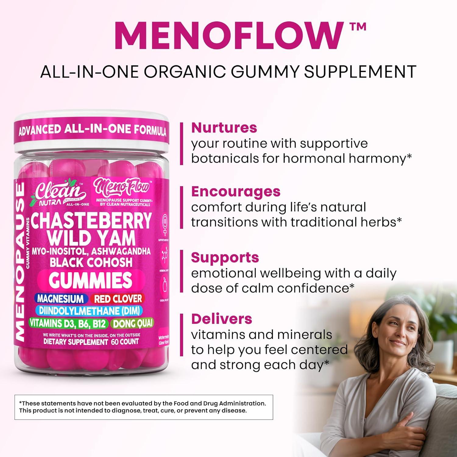 image:imageClean Nutra Menopause Supplements for Women Chastberry Wild Yam Gummies Inositol Black Cohosh Magnesium Red Clover DIM Supplement B6 Magnesium Glycinate Glycine Vitex Hormone Balance Gummy Vitamins