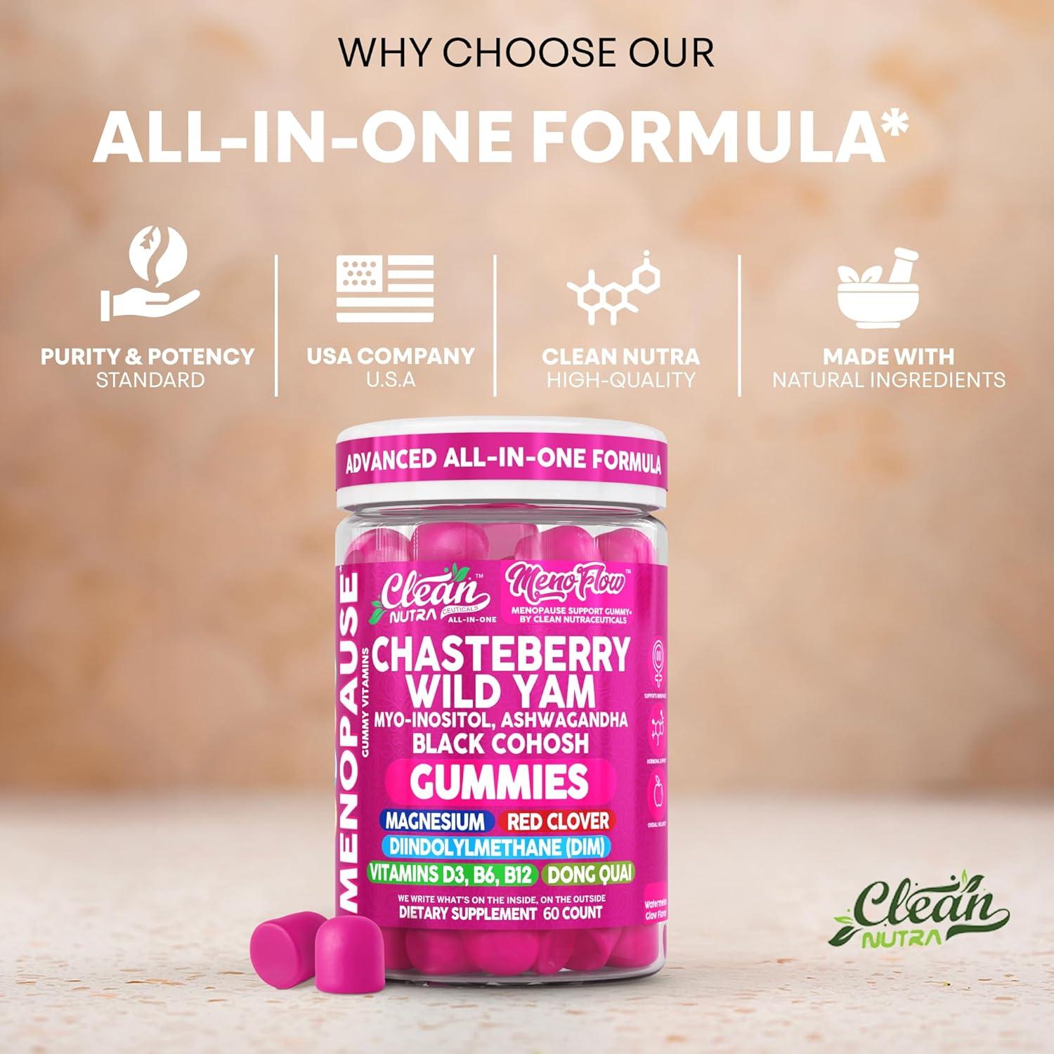 image:imageClean Nutra Menopause Supplements for Women Chastberry Wild Yam Gummies Inositol Black Cohosh Magnesium Red Clover DIM Supplement B6 Magnesium Glycinate Glycine Vitex Hormone Balance Gummy Vitamins