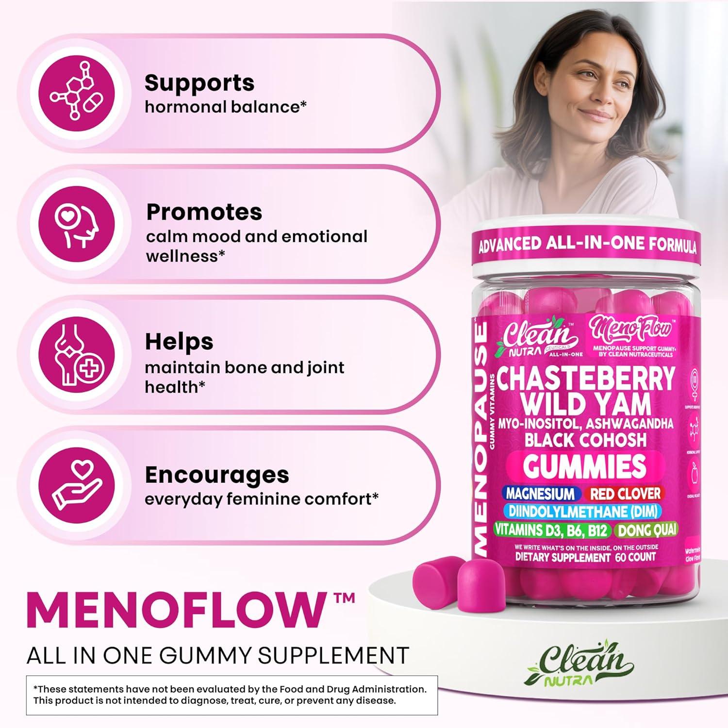 image:imageClean Nutra Menopause Supplements for Women Chastberry Wild Yam Gummies Inositol Black Cohosh Magnesium Red Clover DIM Supplement B6 Magnesium Glycinate Glycine Vitex Hormone Balance Gummy Vitamins