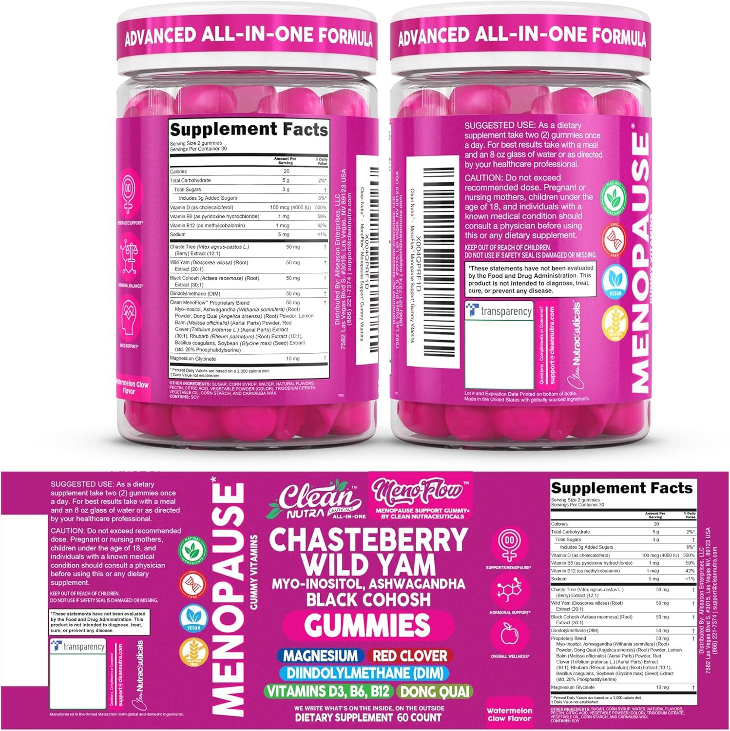 image:imageClean Nutra Menopause Supplements for Women Chastberry Wild Yam Gummies Inositol Black Cohosh Magnesium Red Clover DIM Supplement B6 Magnesium Glycinate Glycine Vitex Hormone Balance Gummy Vitamins