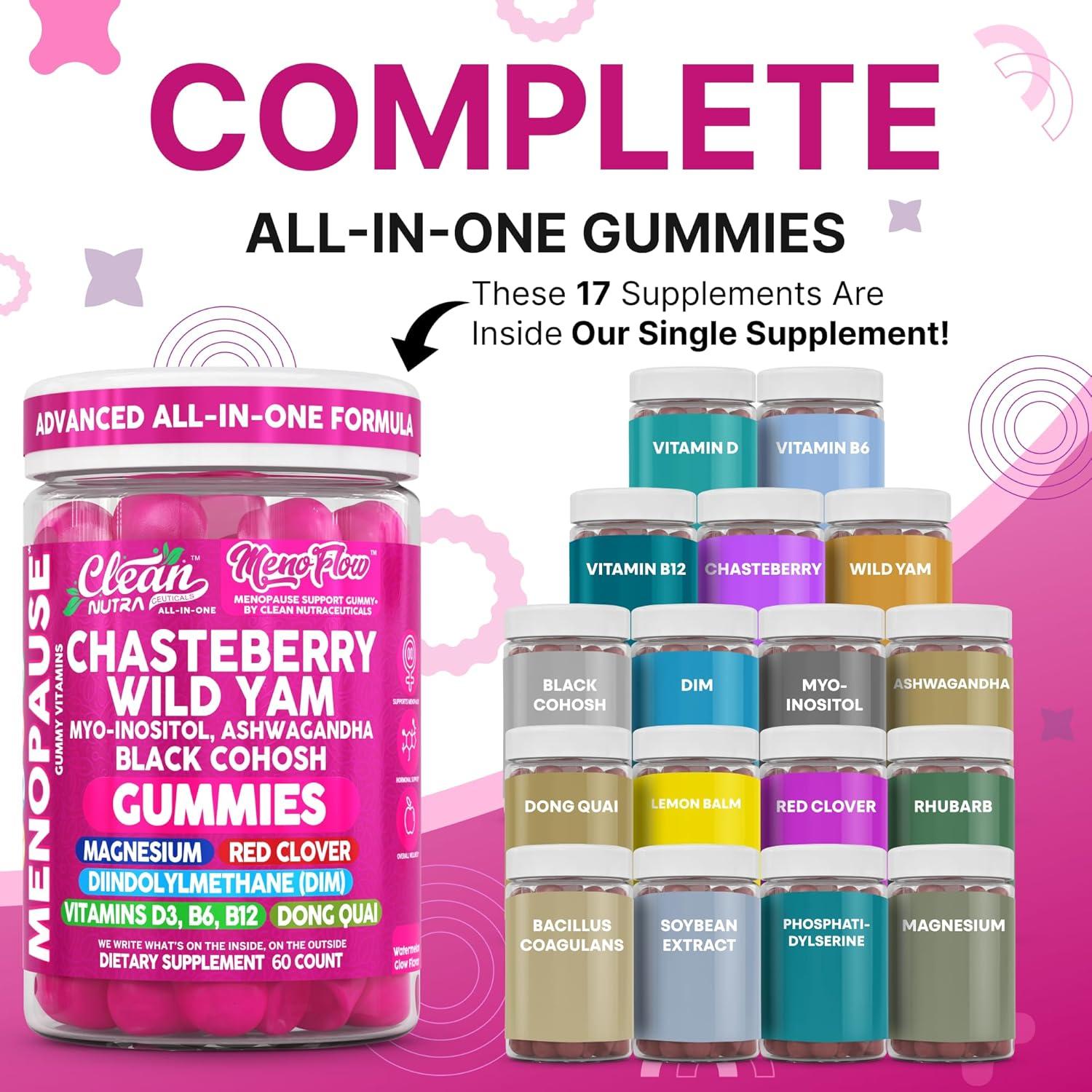 image:imageClean Nutra Menopause Supplements for Women Chastberry Wild Yam Gummies Inositol Black Cohosh Magnesium Red Clover DIM Supplement B6 Magnesium Glycinate Glycine Vitex Hormone Balance Gummy Vitamins