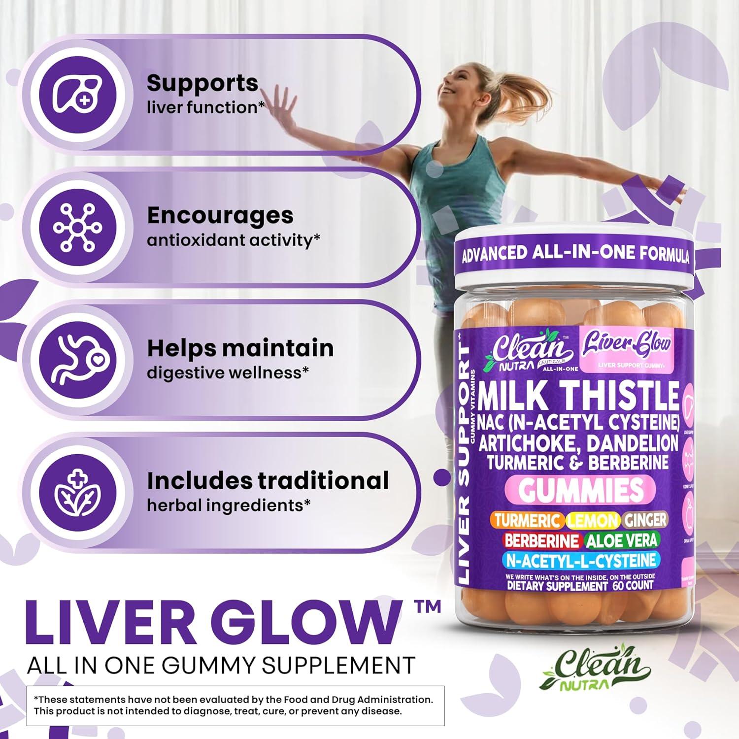 image:imageClean Nutra Milk Thistle NAC Supplement N Acetyl Cysteine Artichoke Dandelion Root Turmeric Berberine Ginger Curcumin Gut Health Metabolism Detox amp Cleanse 60 Gummies