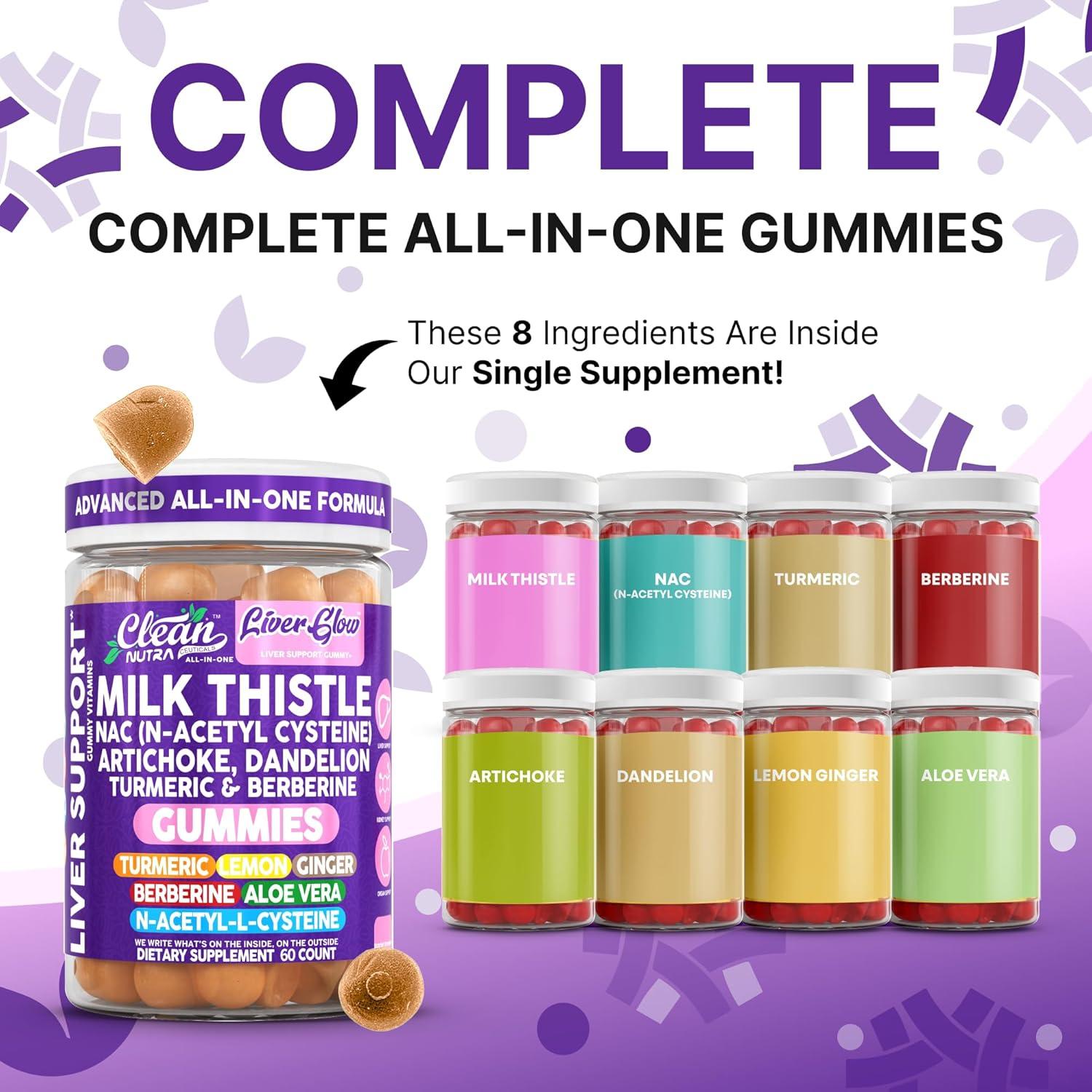 image:imageClean Nutra Milk Thistle NAC Supplement N Acetyl Cysteine Artichoke Dandelion Root Turmeric Berberine Ginger Curcumin Gut Health Metabolism Detox amp Cleanse 60 Gummies