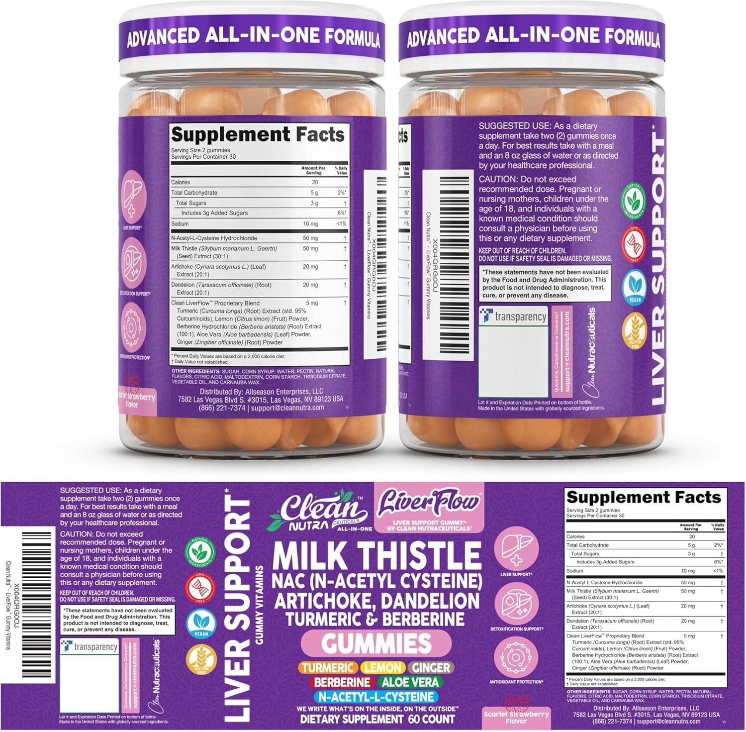 image:imageClean Nutra Milk Thistle NAC Supplement N Acetyl Cysteine Artichoke Dandelion Root Turmeric Berberine Ginger Curcumin Gut Health Metabolism Detox amp Cleanse 60 Gummies