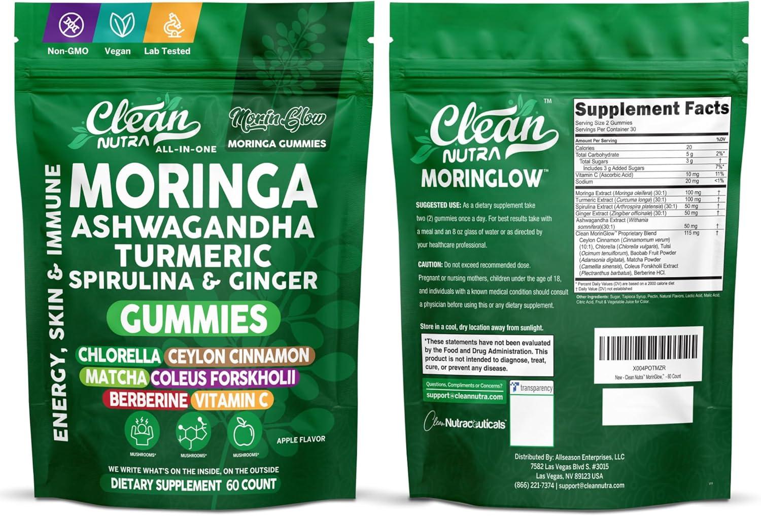 image:imageClean Nutra Moringa Gummies Pure Moringa Powder Supplement Ashwagandha Turmeric Spirulina amp Ginger Energy Skin Immune amp Gut Health Green Superfood Moringa Capsules Alternative