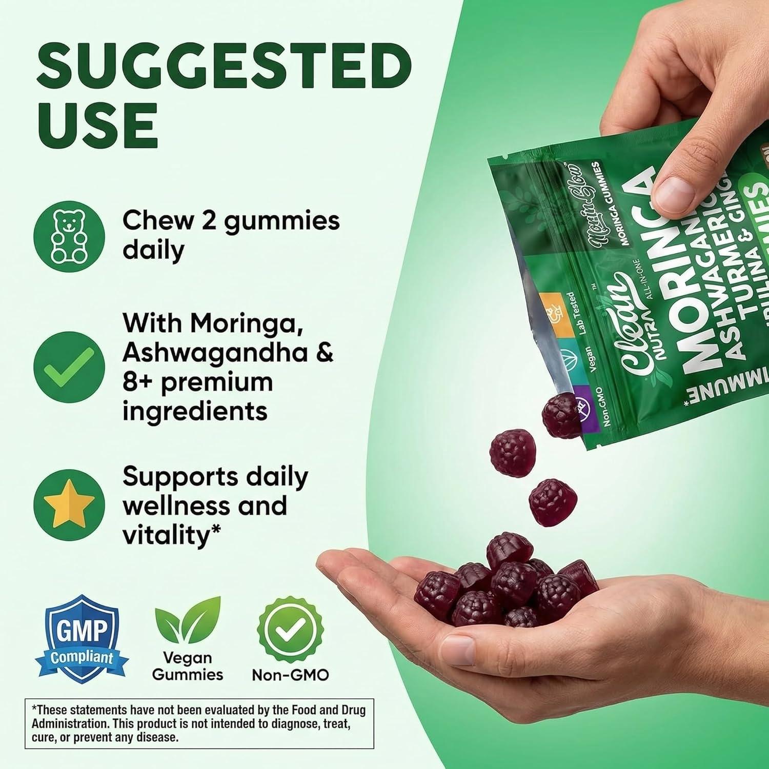 image:imageClean Nutra Moringa Gummies Pure Moringa Powder Supplement Ashwagandha Turmeric Spirulina amp Ginger Energy Skin Immune amp Gut Health Green Superfood Moringa Capsules Alternative