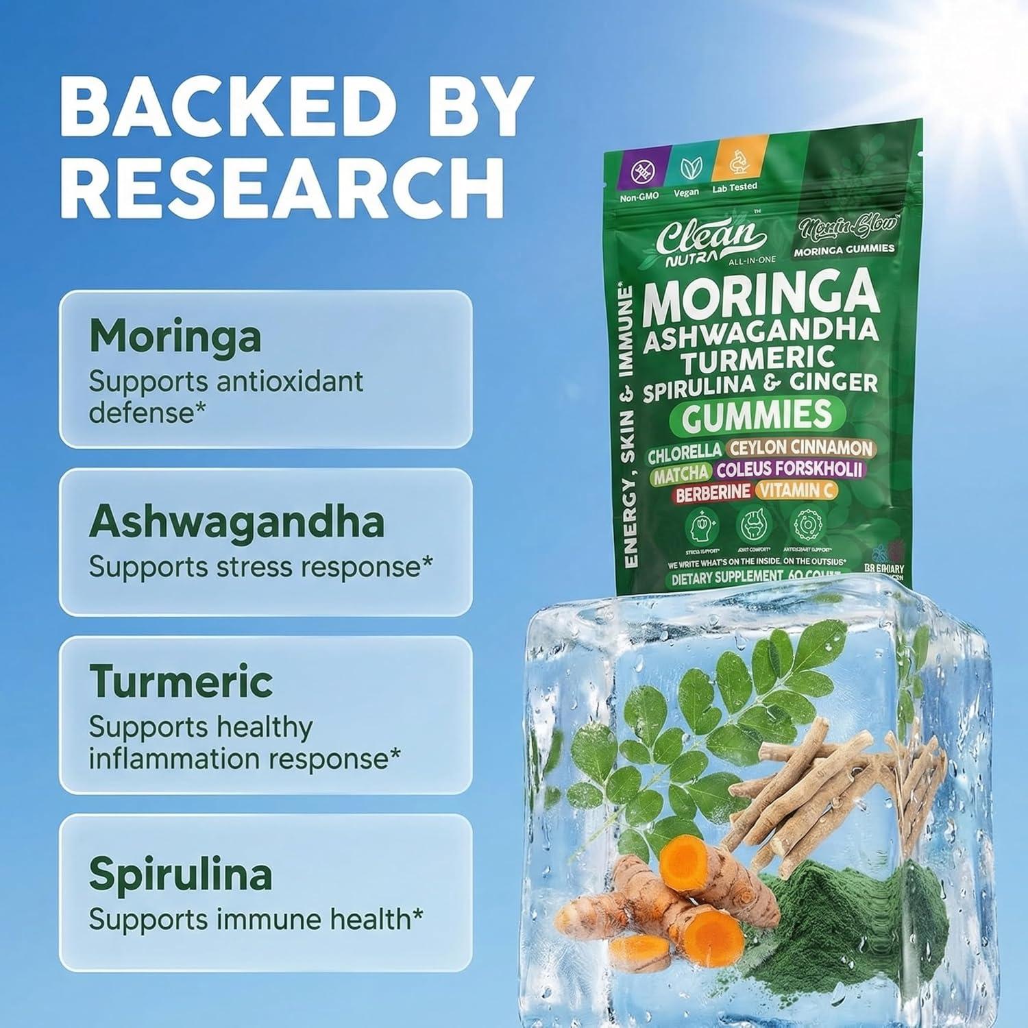 image:imageClean Nutra Moringa Gummies Pure Moringa Powder Supplement Ashwagandha Turmeric Spirulina amp Ginger Energy Skin Immune amp Gut Health Green Superfood Moringa Capsules Alternative