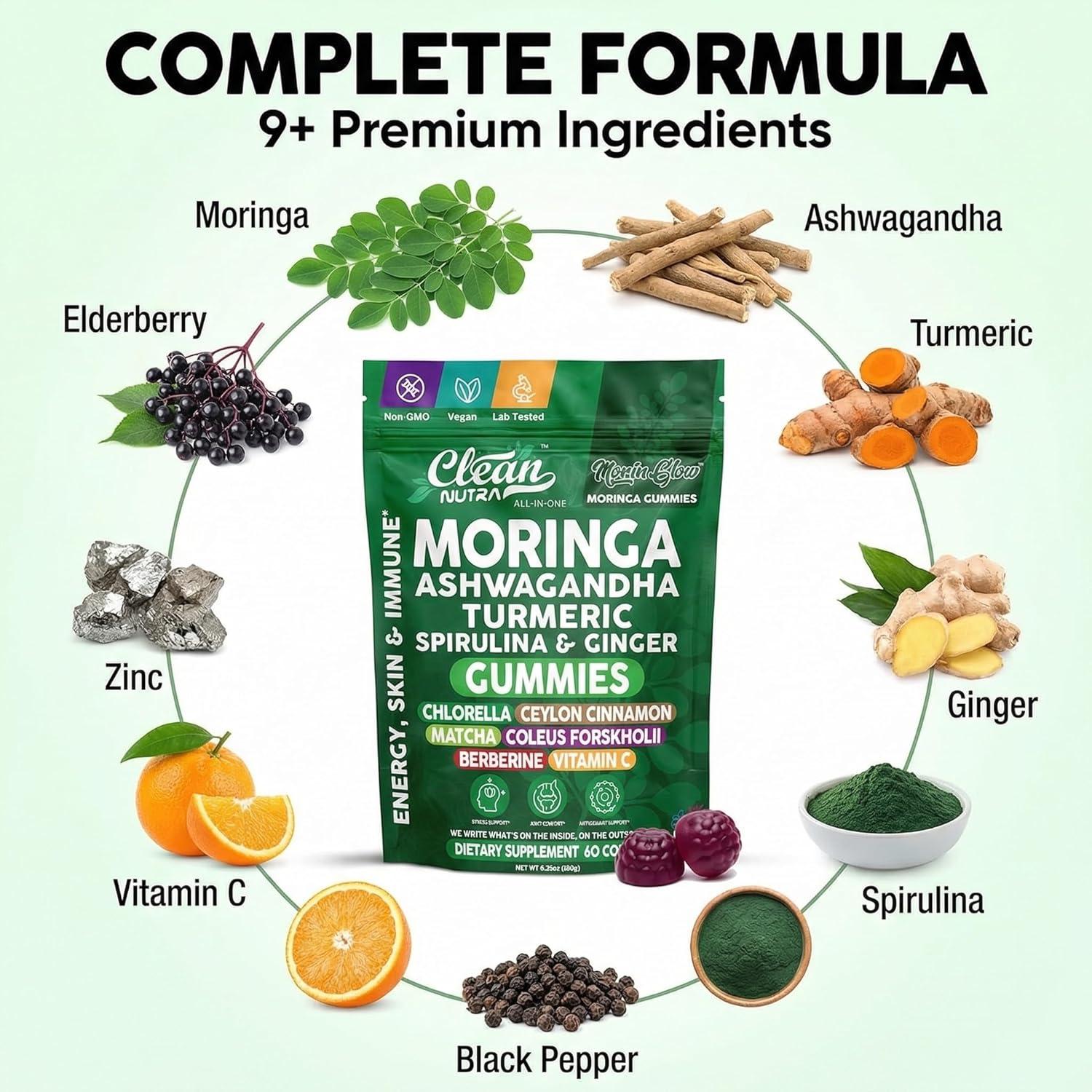 image:imageClean Nutra Moringa Gummies Pure Moringa Powder Supplement Ashwagandha Turmeric Spirulina amp Ginger Energy Skin Immune amp Gut Health Green Superfood Moringa Capsules Alternative