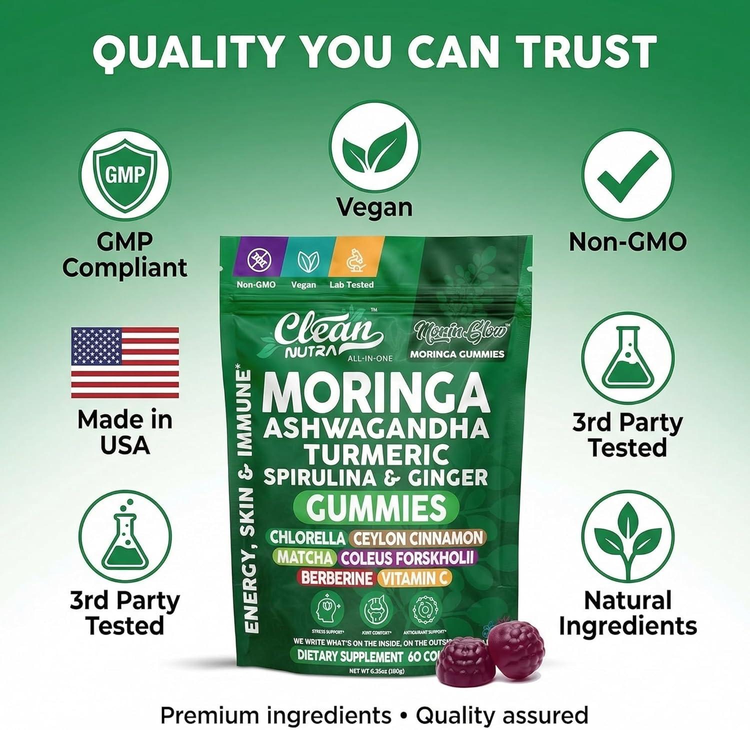 image:imageClean Nutra Moringa Gummies Pure Moringa Powder Supplement Ashwagandha Turmeric Spirulina amp Ginger Energy Skin Immune amp Gut Health Green Superfood Moringa Capsules Alternative